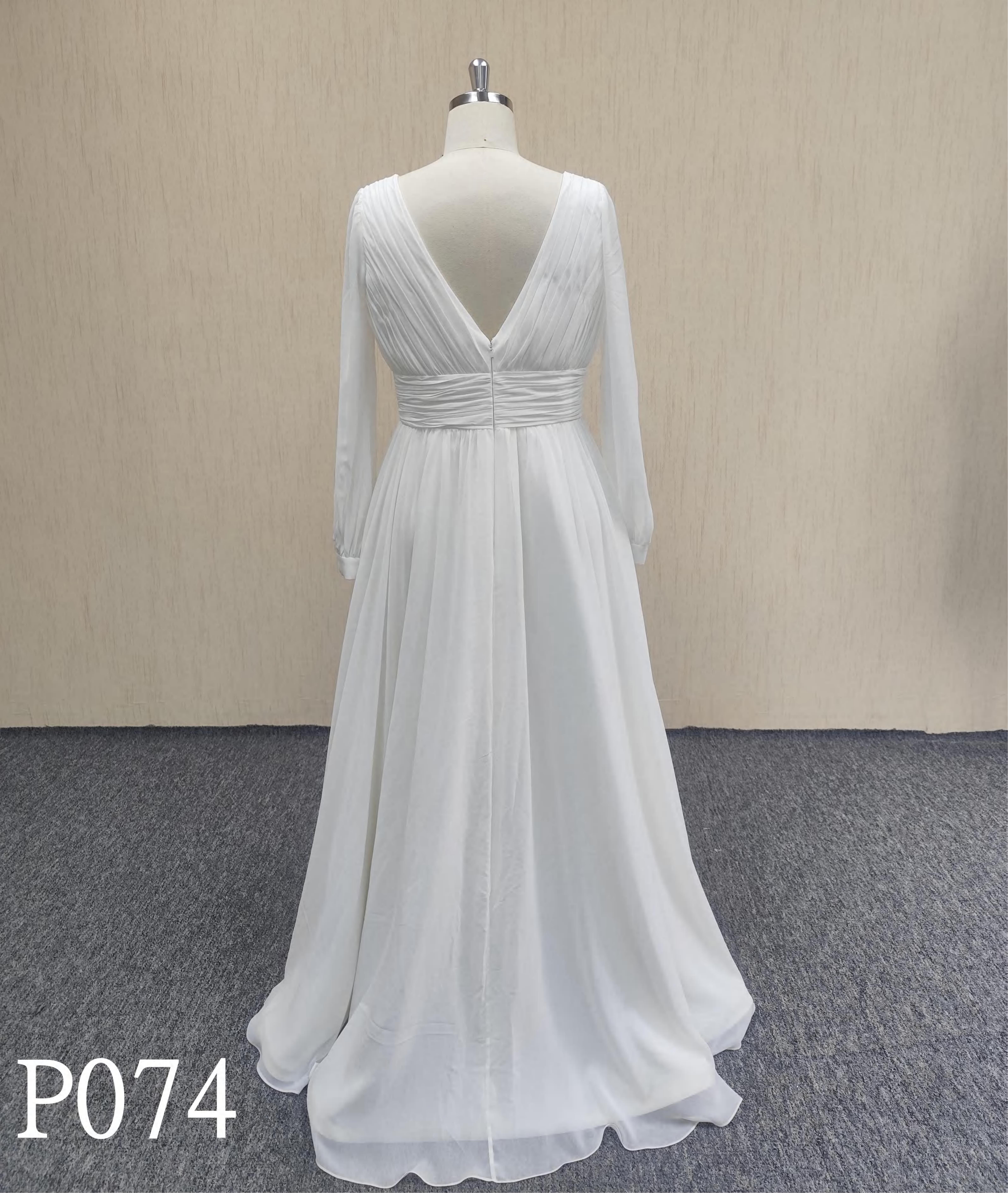P074 Long sleeves v-neck  dress bridal  with Chiffon made in China.