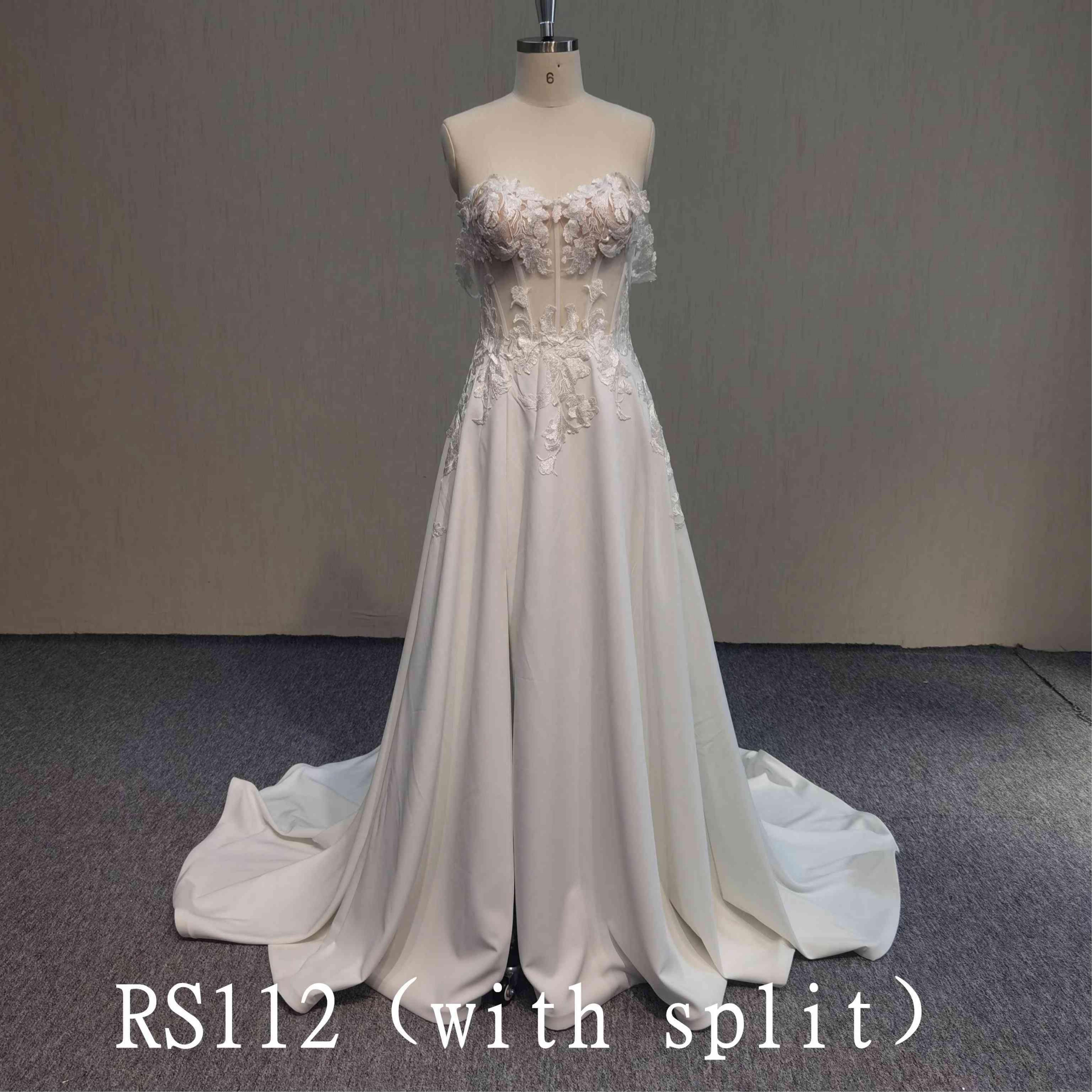 RS112 A-line skirt with slits  See-through dress with  lace appliques Made In China