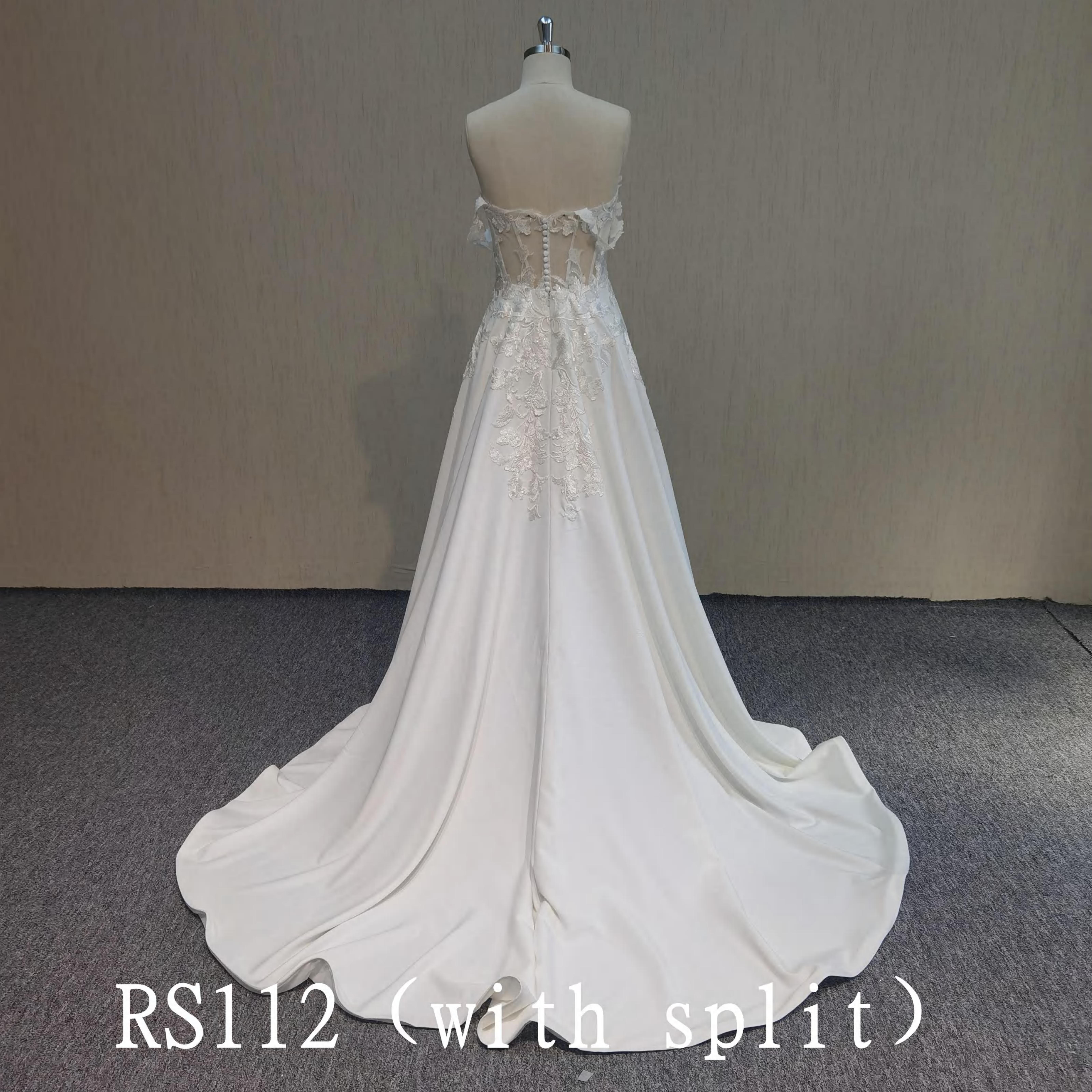 RS112 A-line skirt with slits  See-through dress with  lace appliques Made In China