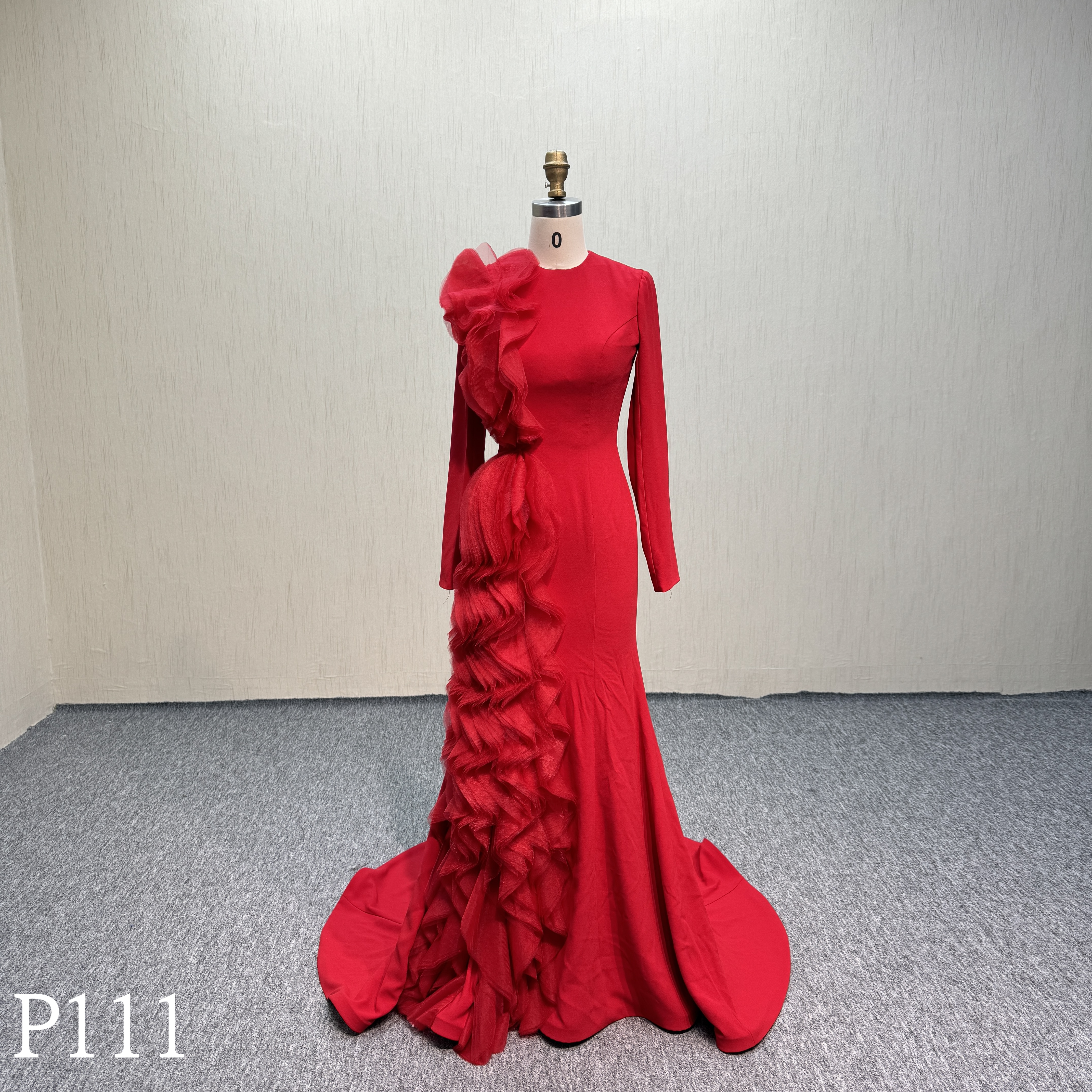 P111 Red organza bride of mother dress with ruffled