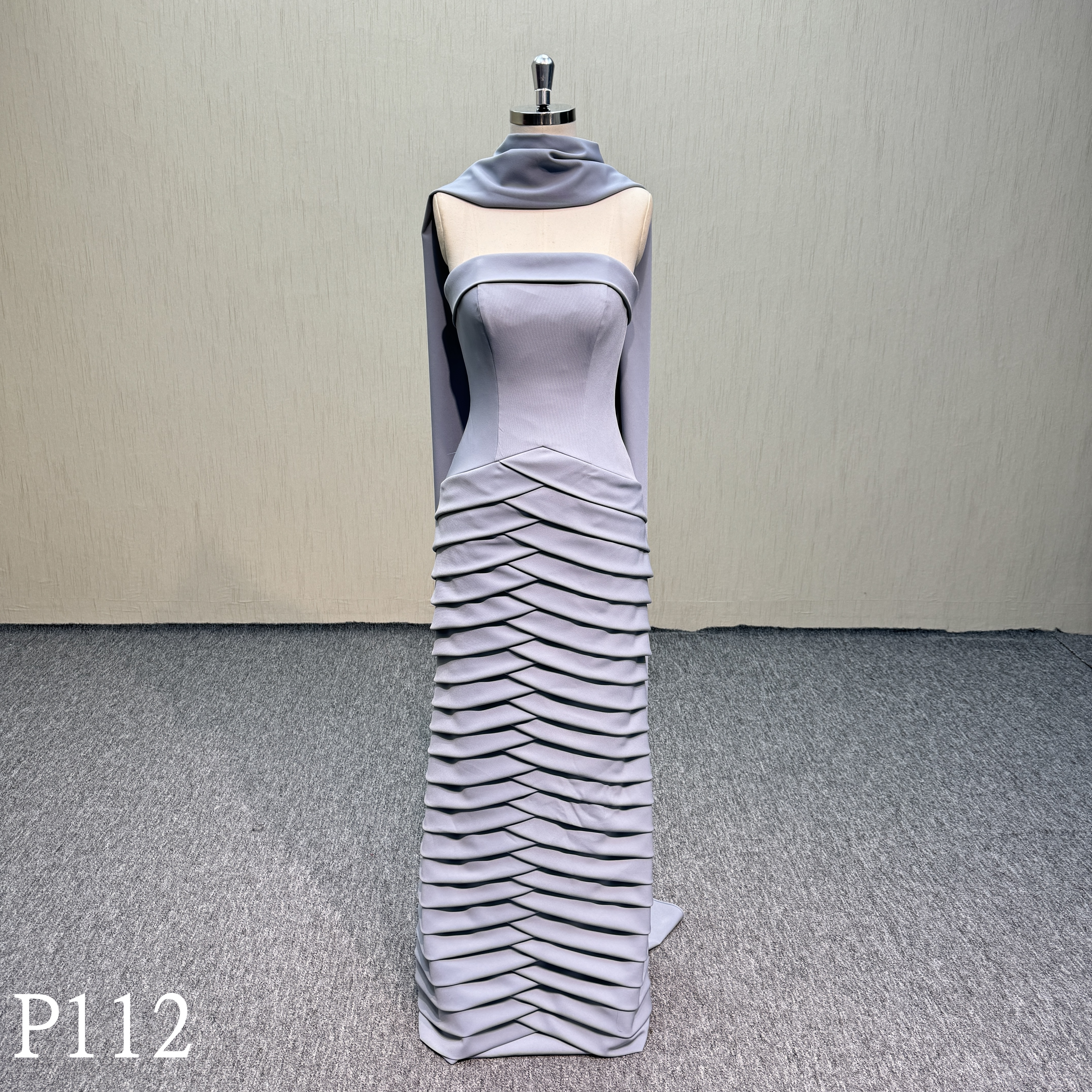 P112 Bule crepe satin A-line bride of mother dress with detachable scarf