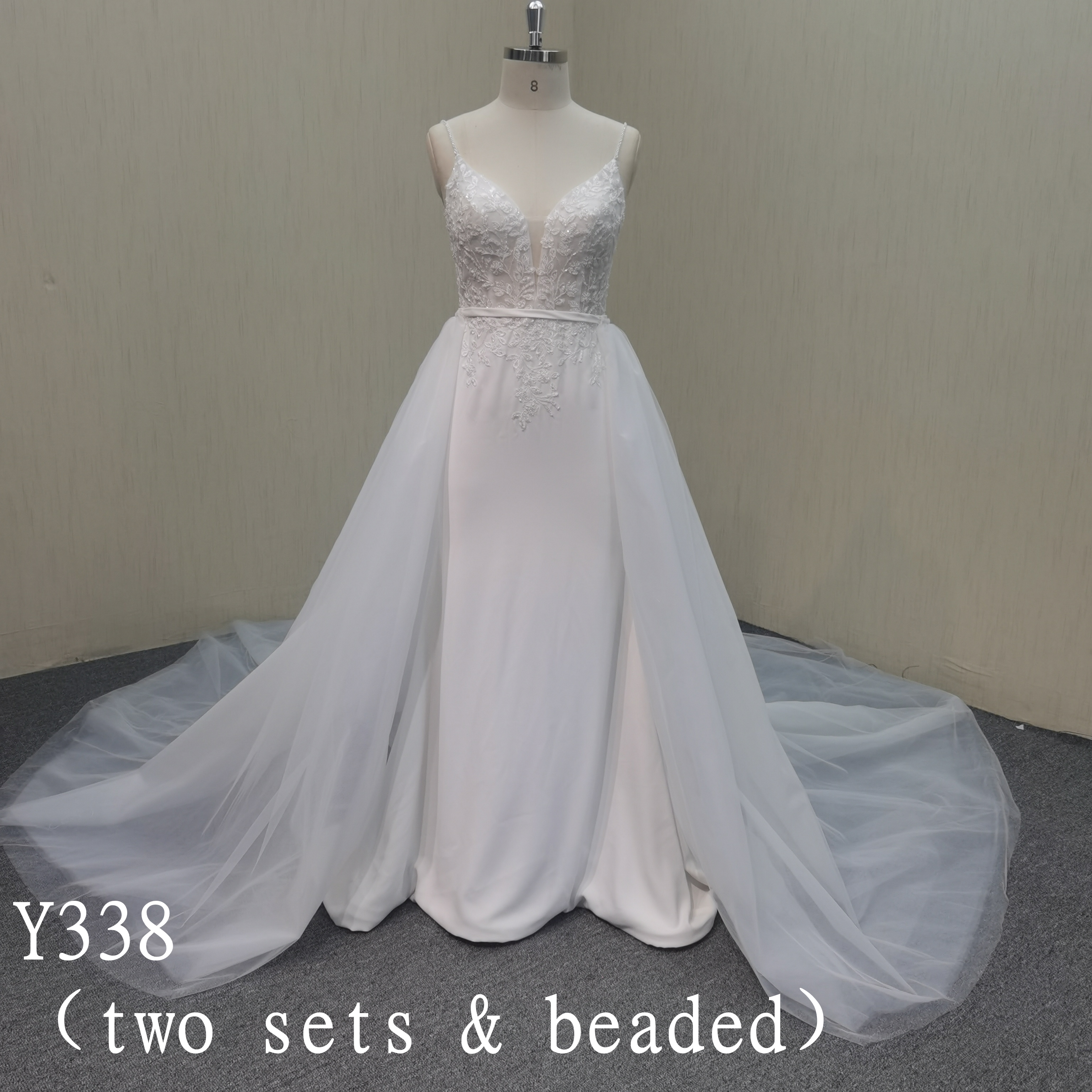 Y338  Spaghetti straps  applique wedding dress mermaid with ivory tulle beautiful detachable train