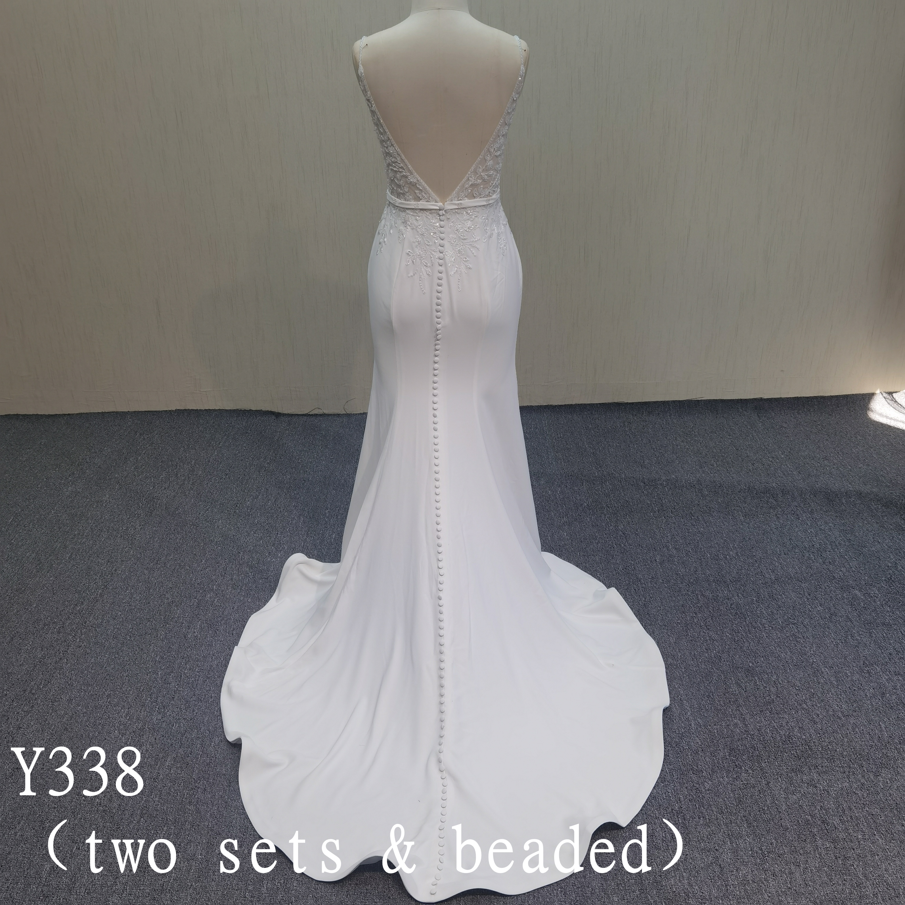 Y338  Spaghetti straps  applique wedding dress mermaid with ivory tulle beautiful detachable train