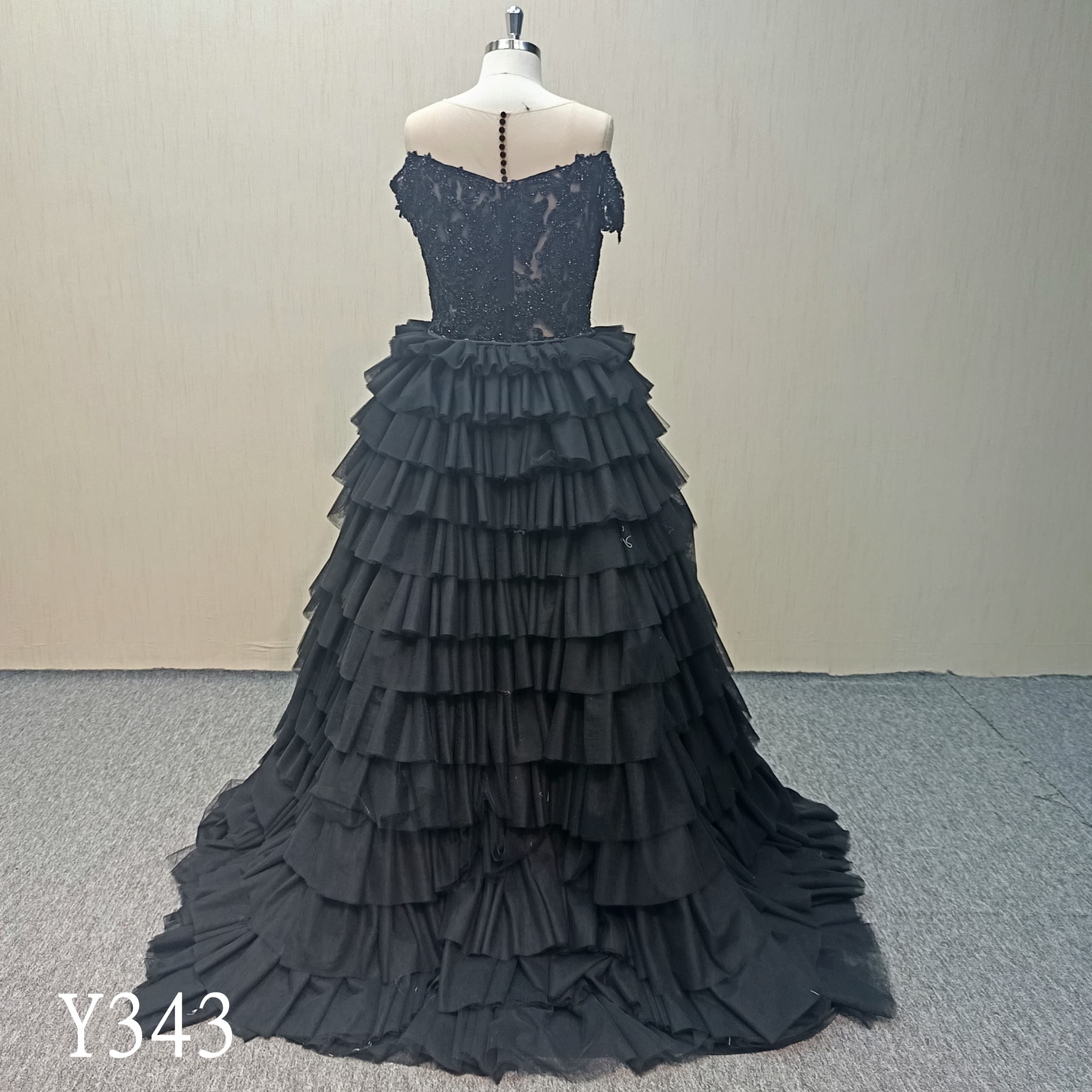 Y343  Black Beading Lace Gorgeous Evening dress  with Detachable Train made in China