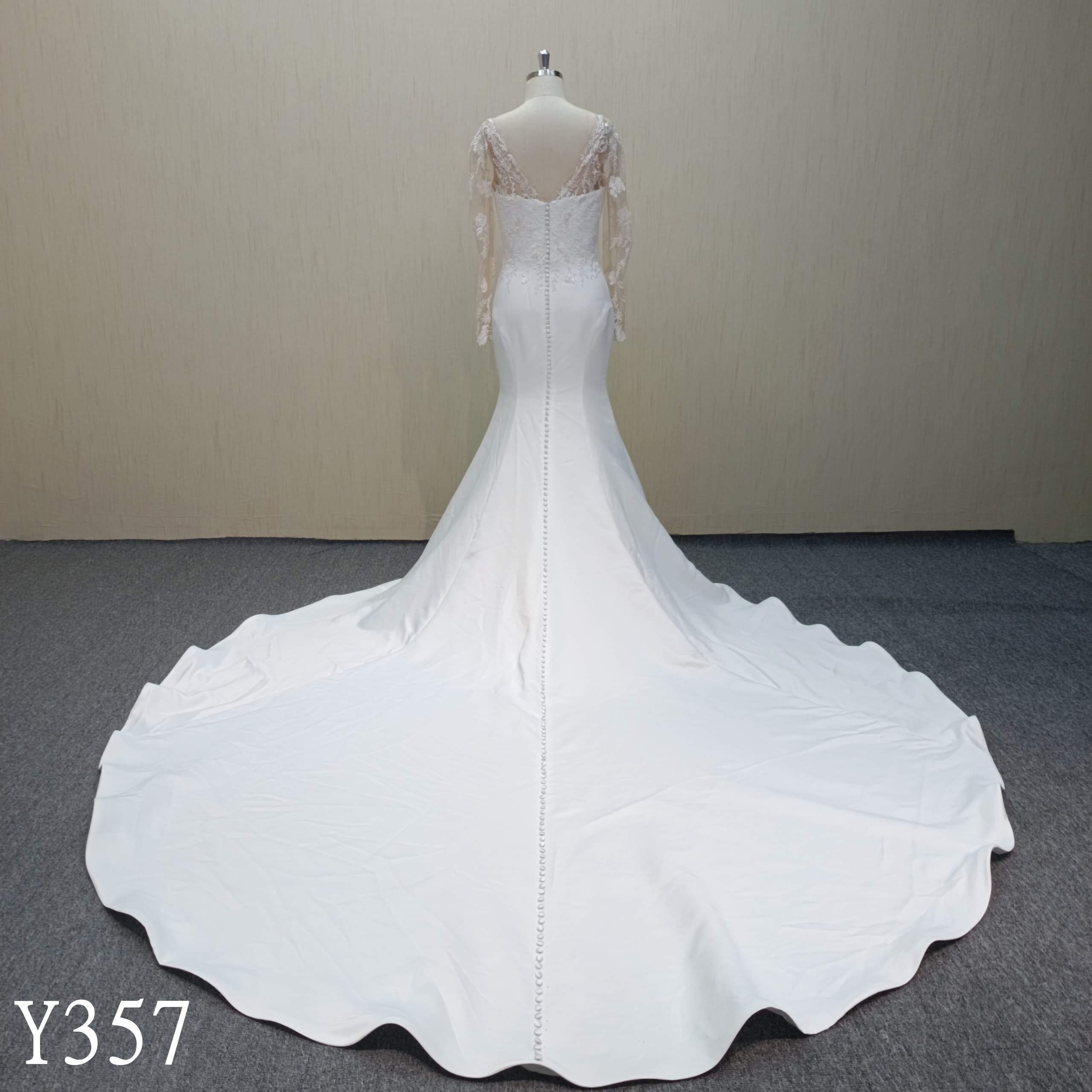 Y357 Longsleeves Nude Tulle Mermaid dress with Big Applique Train