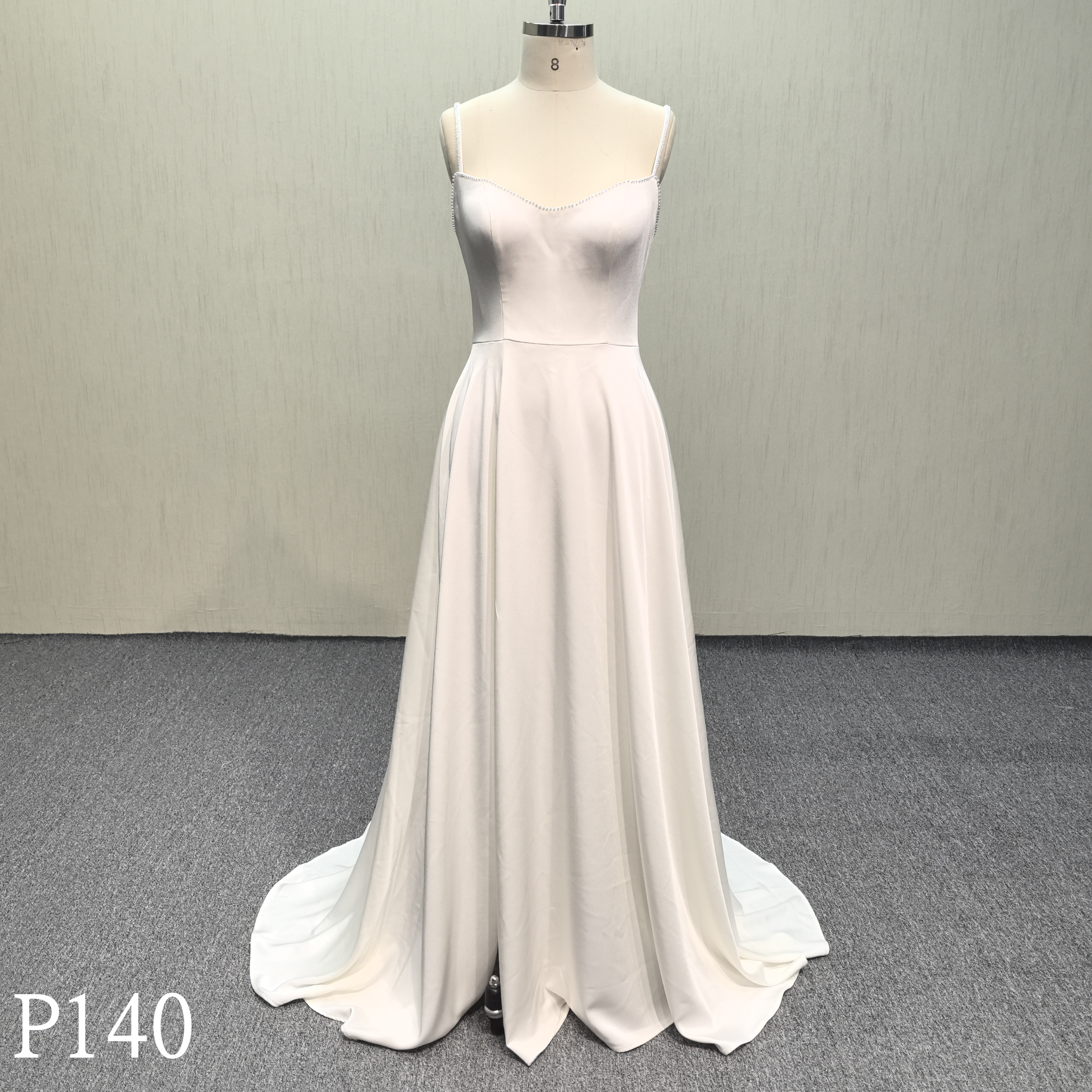 P140 Plain Ivory Crepe Made by Italy Satin with hand beading neckline