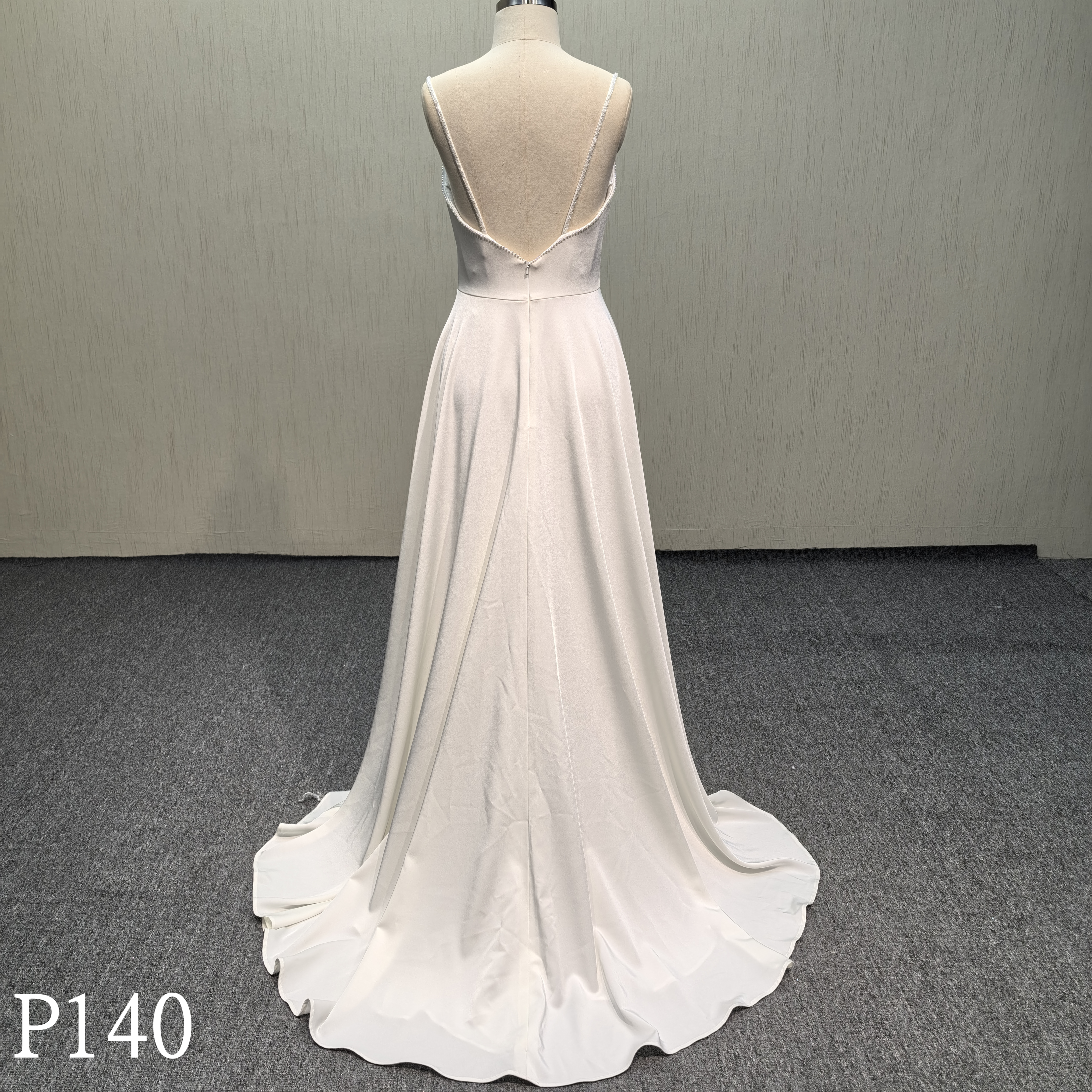 P140 Plain Ivory Crepe Made by Italy Satin with hand beading neckline