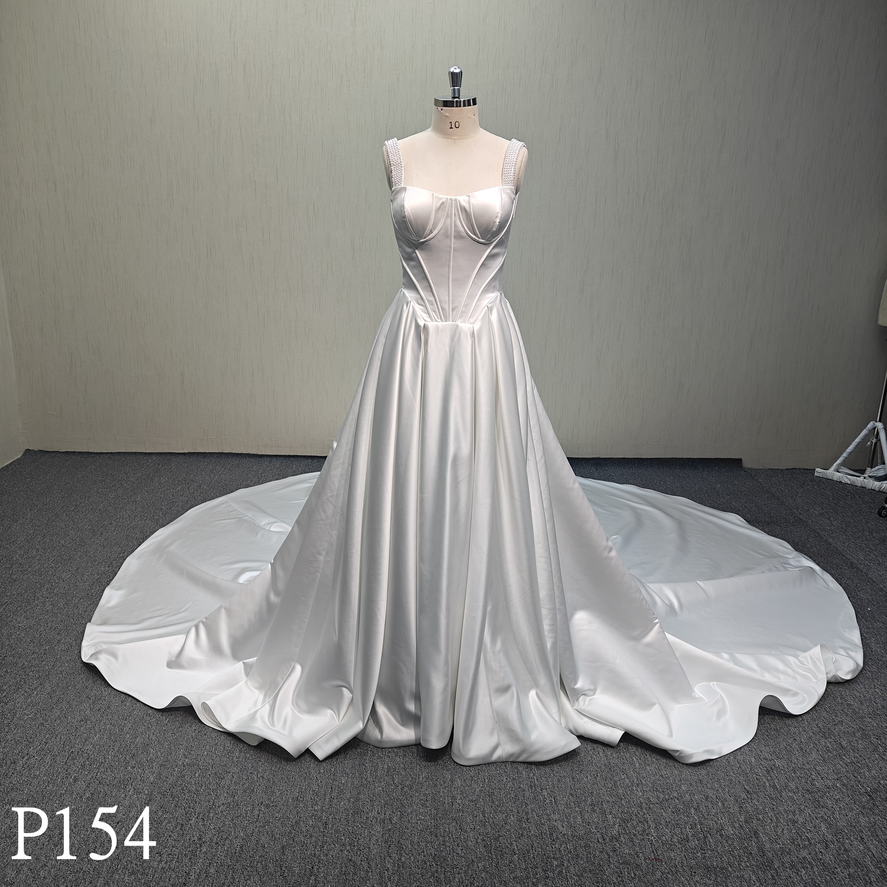 P154 Beads straps crepe satin wedding ballgown for bride