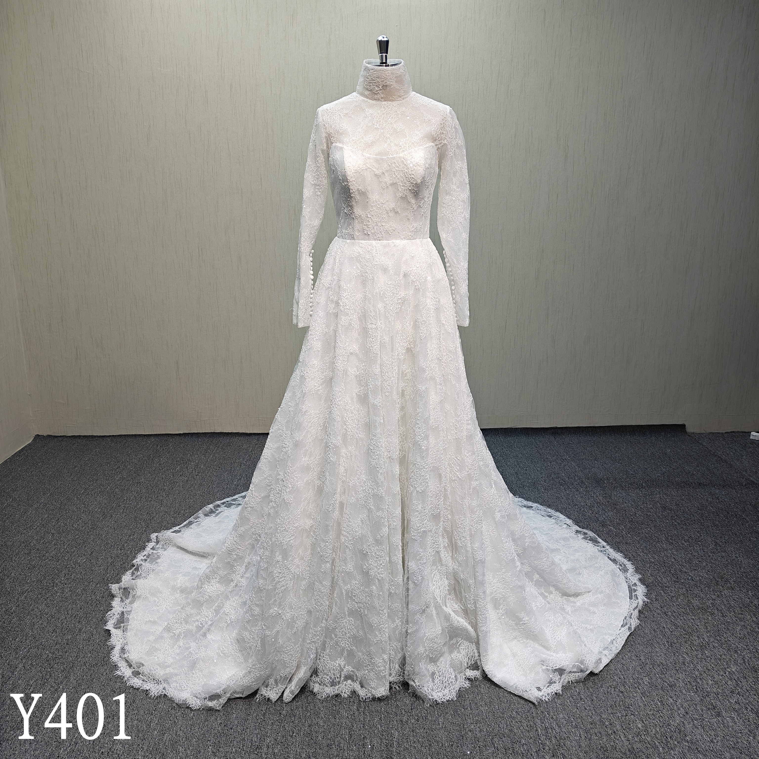 Y401 Ivory A-Line lace up back corset wedding dress with french lace for bride