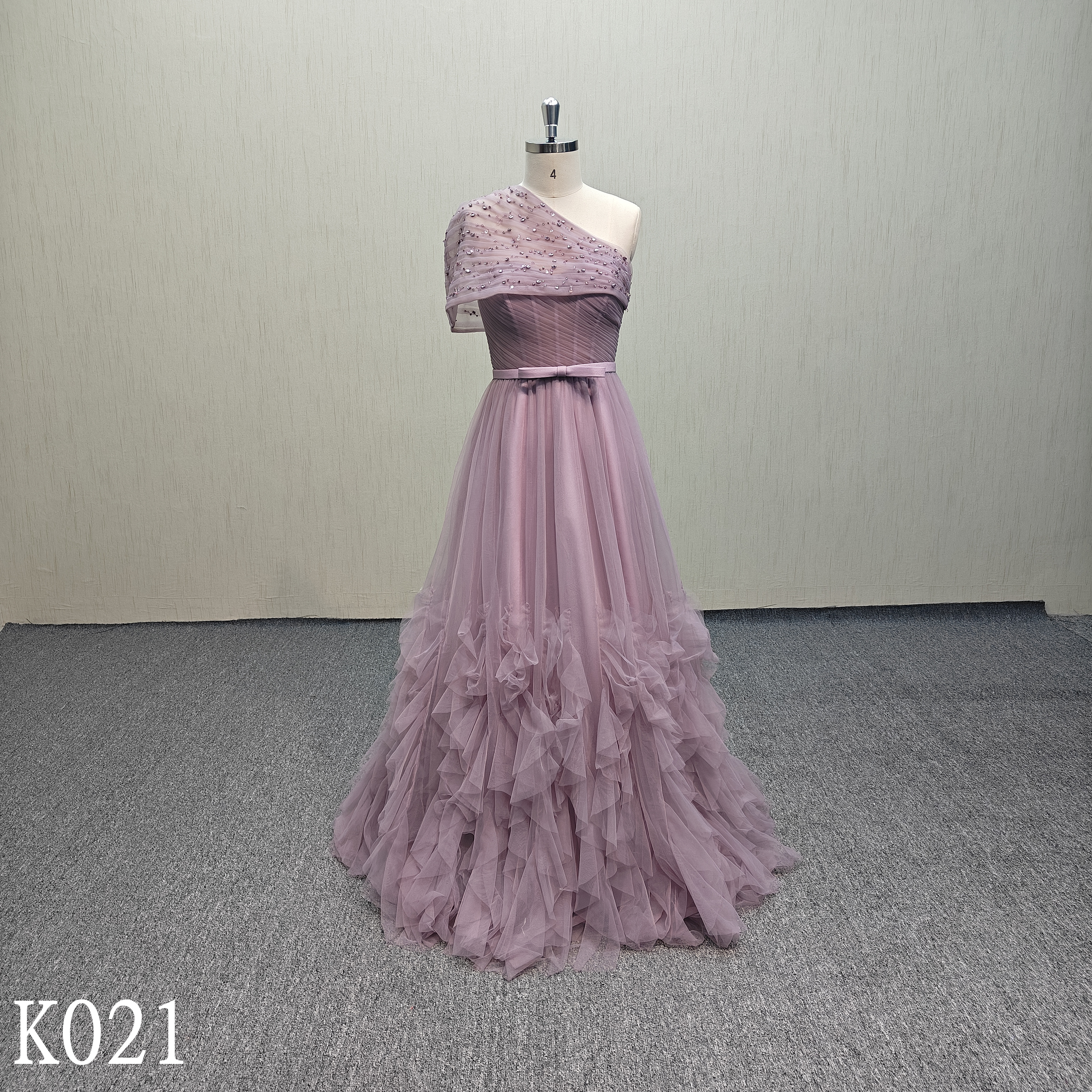 K021 Purple pleated evening dress