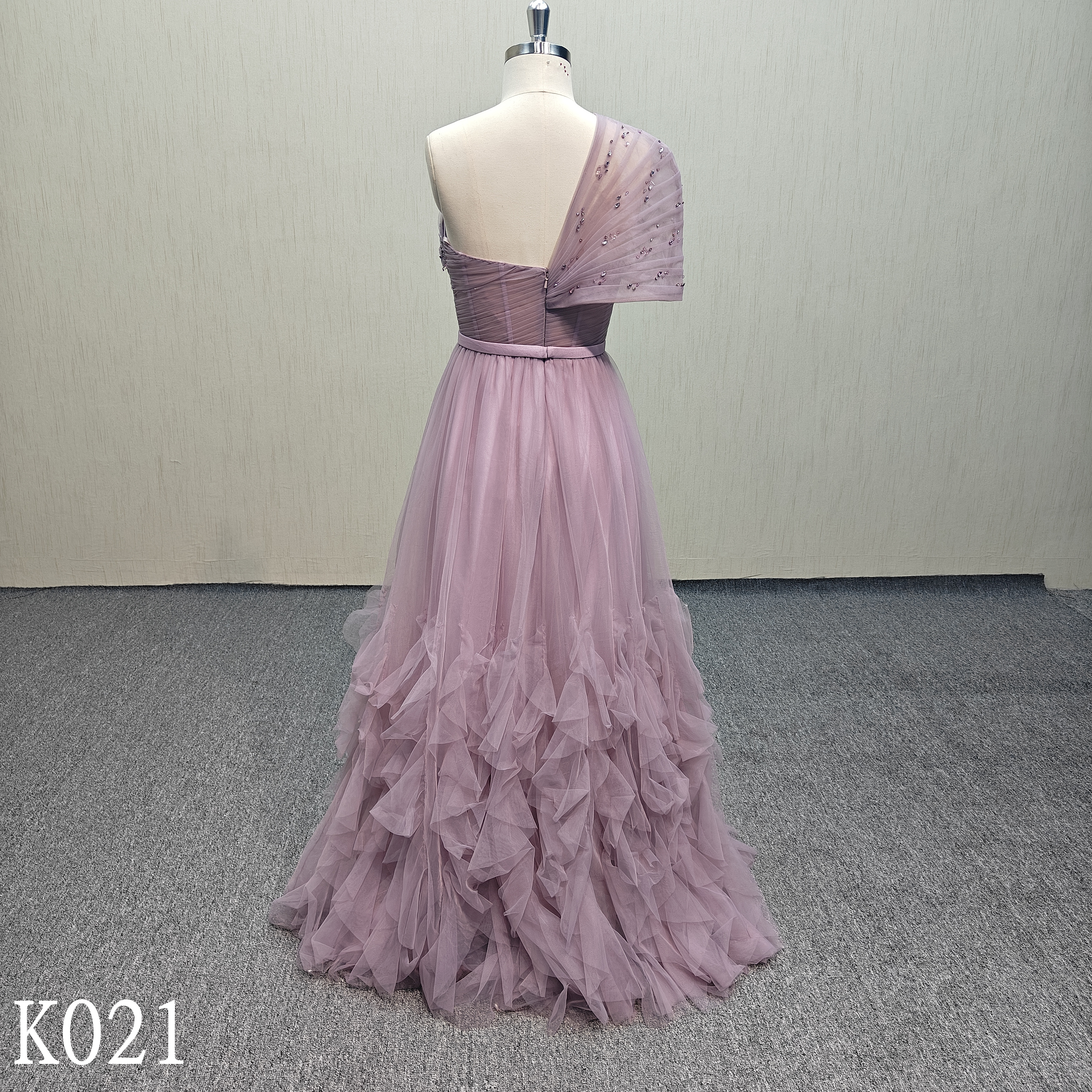K021 Purple pleated evening dress