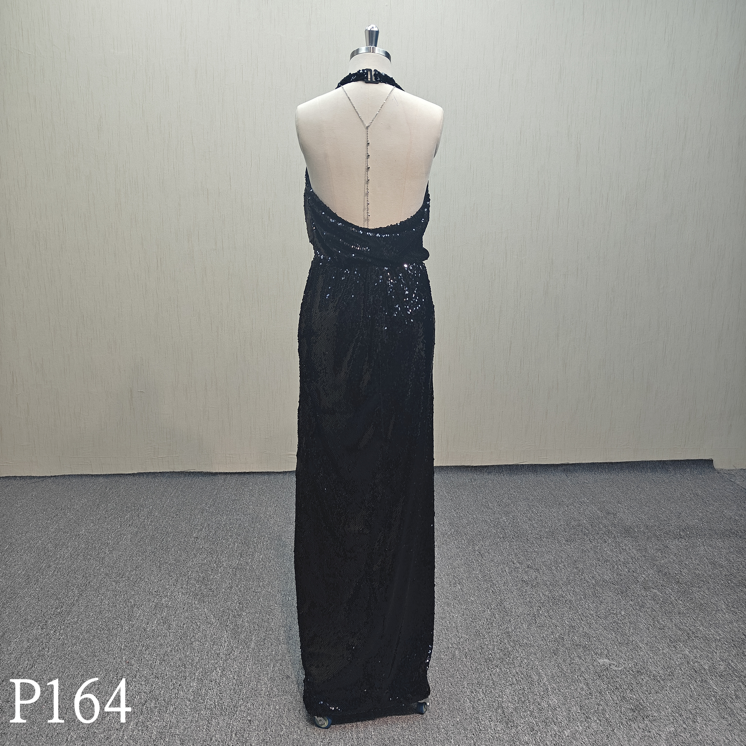 P164 Black sequined backless evening gown