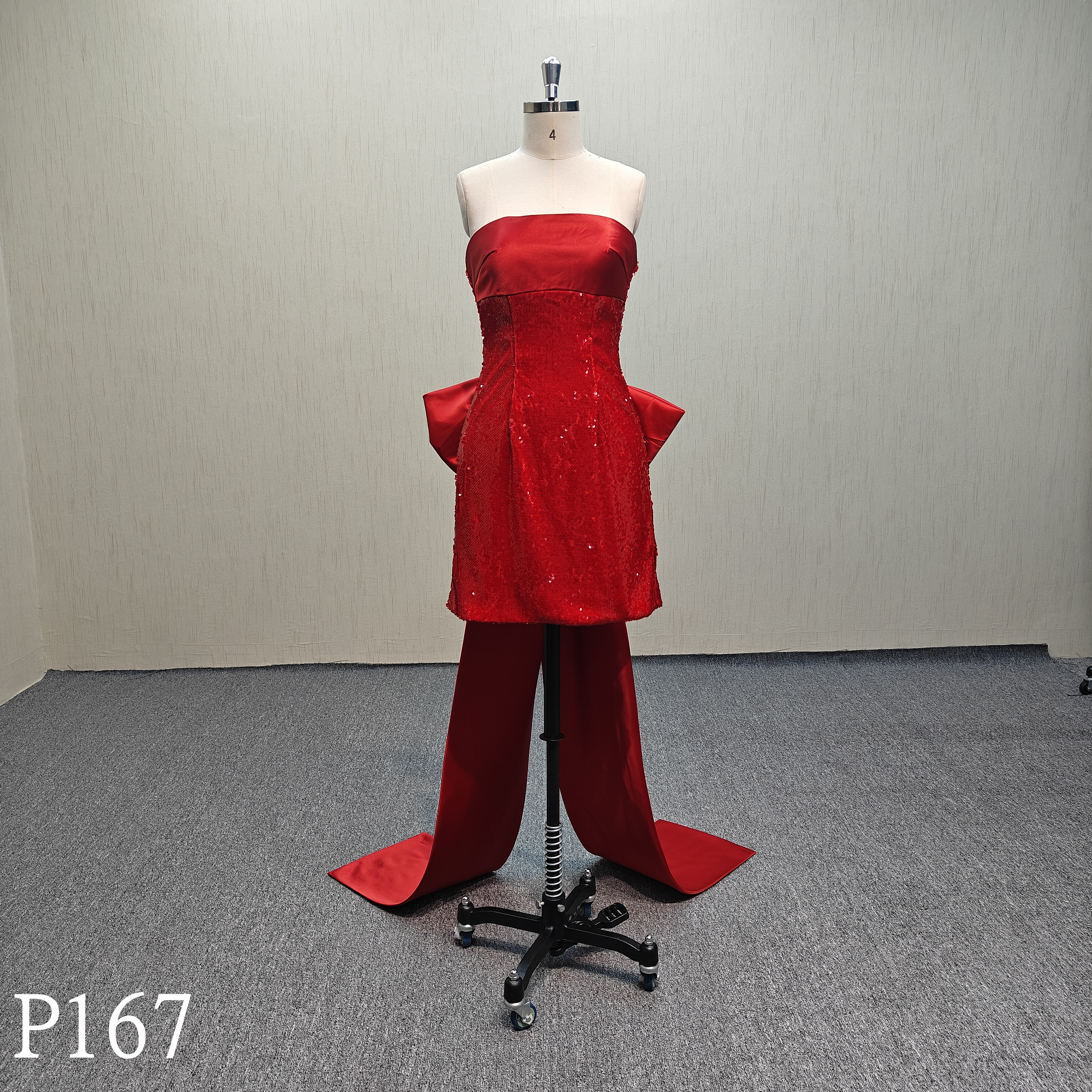 P167 Red Evening Dress Sexy Sleeveless Mini Dress Detachable Bow
