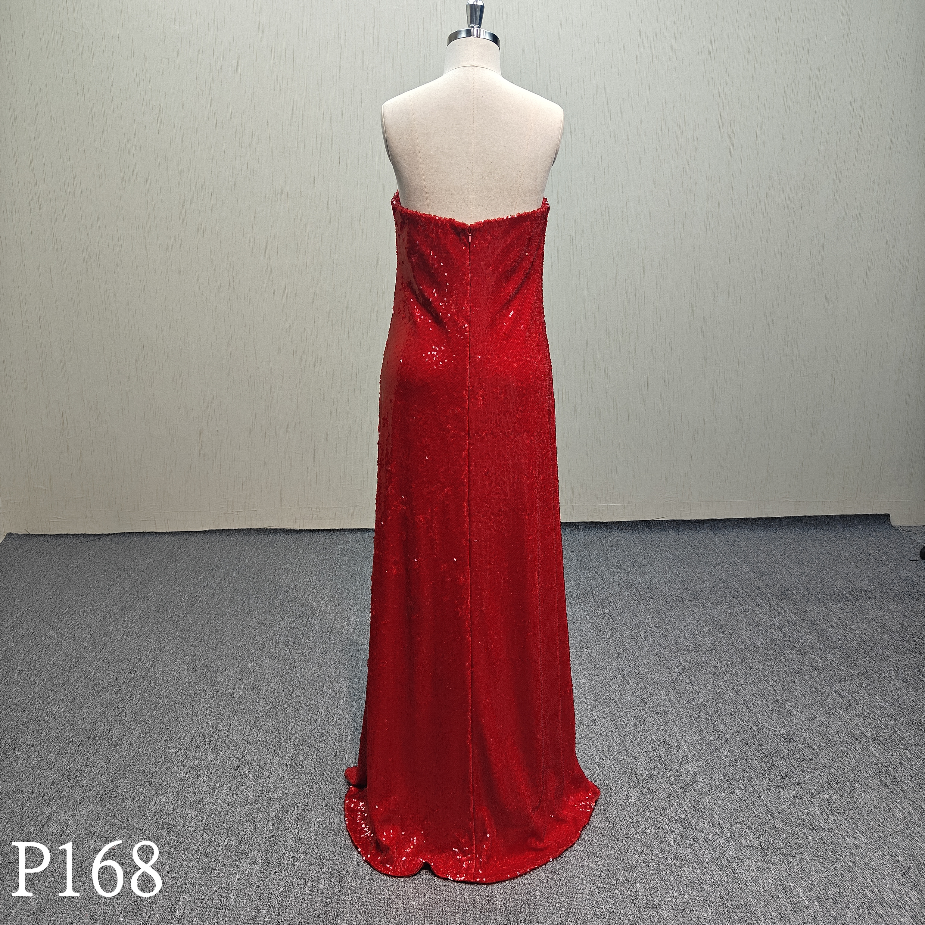 P168 Sequin design of red sleeveless evening dress