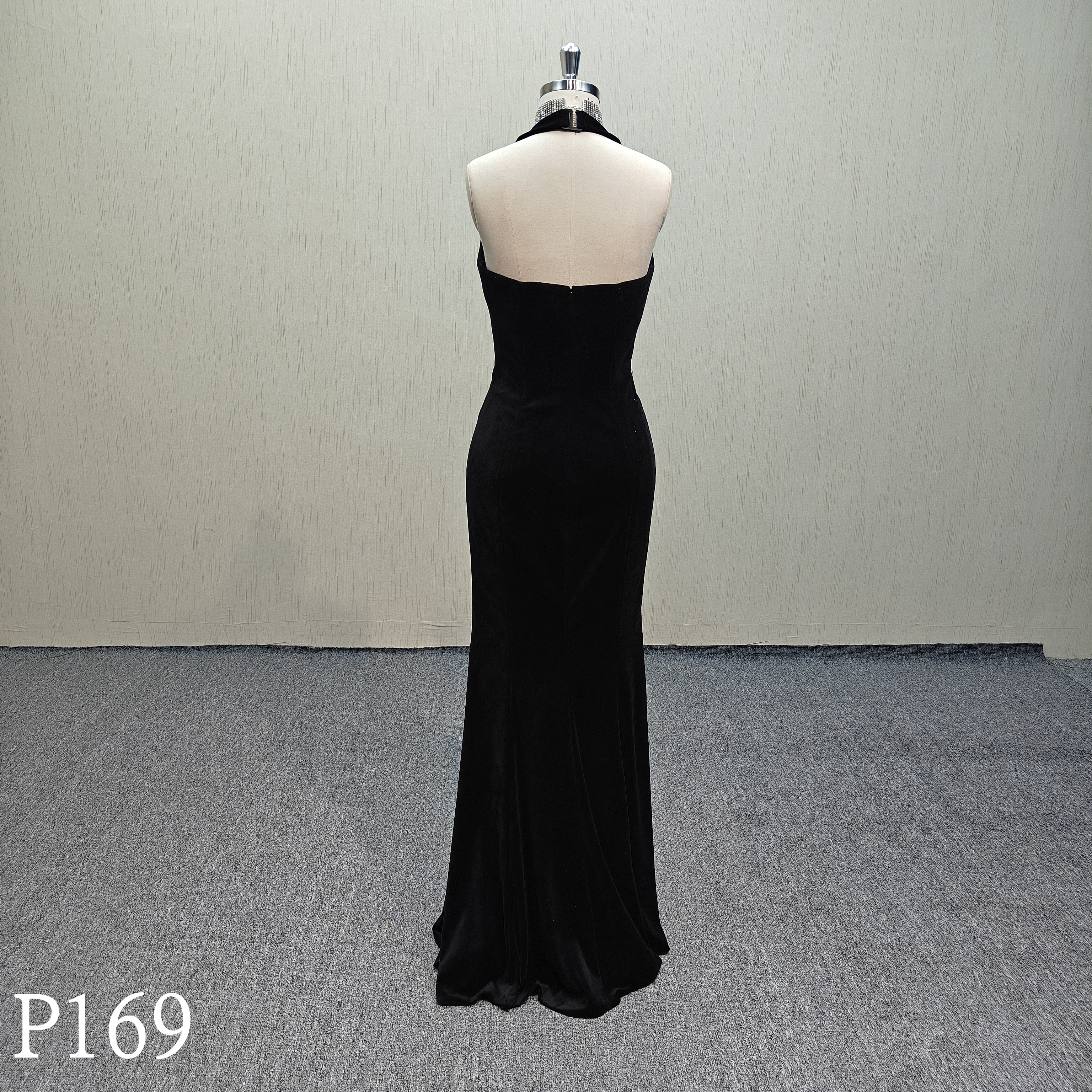 P169 Black evening dress with neck hanging