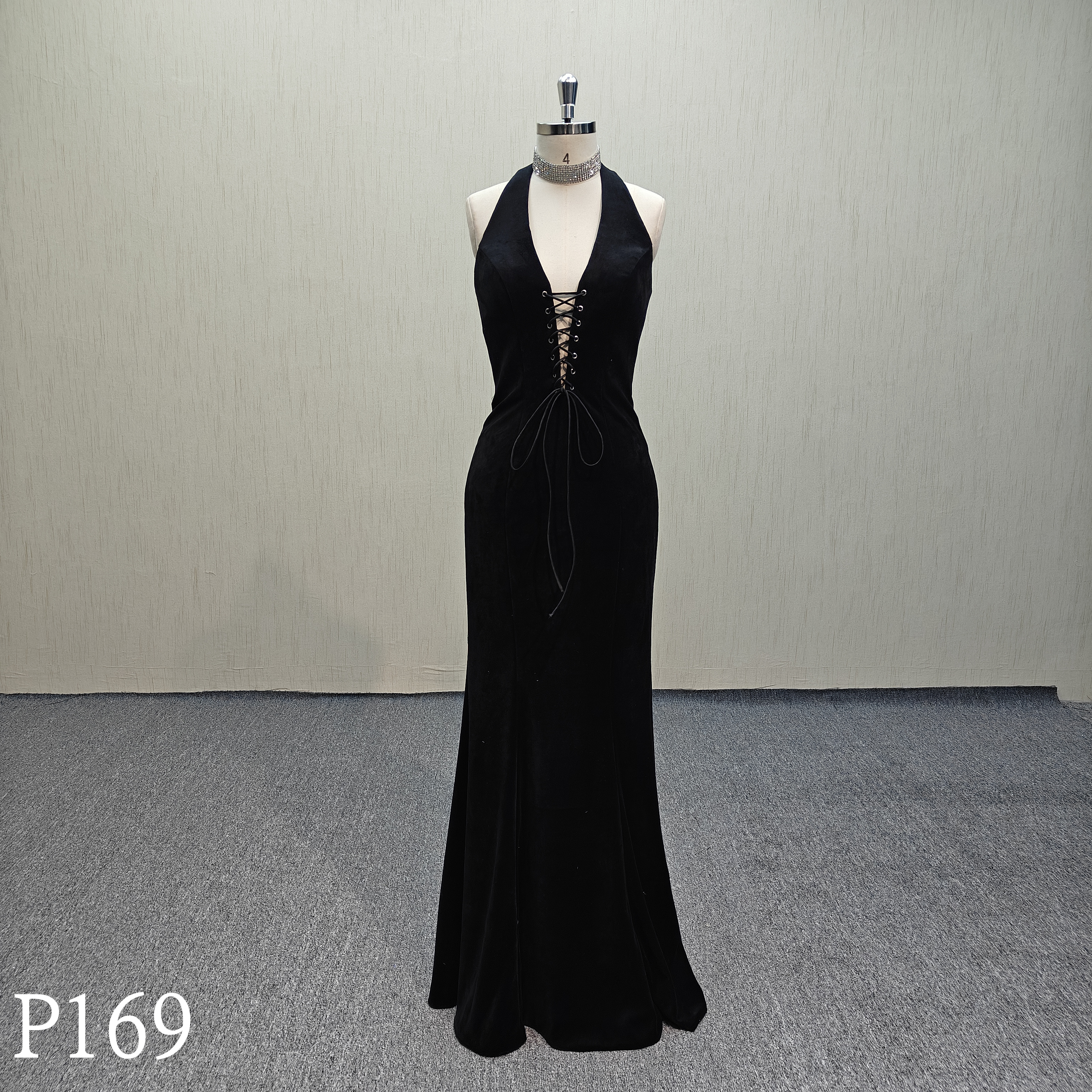 P169 Black evening dress with neck hanging