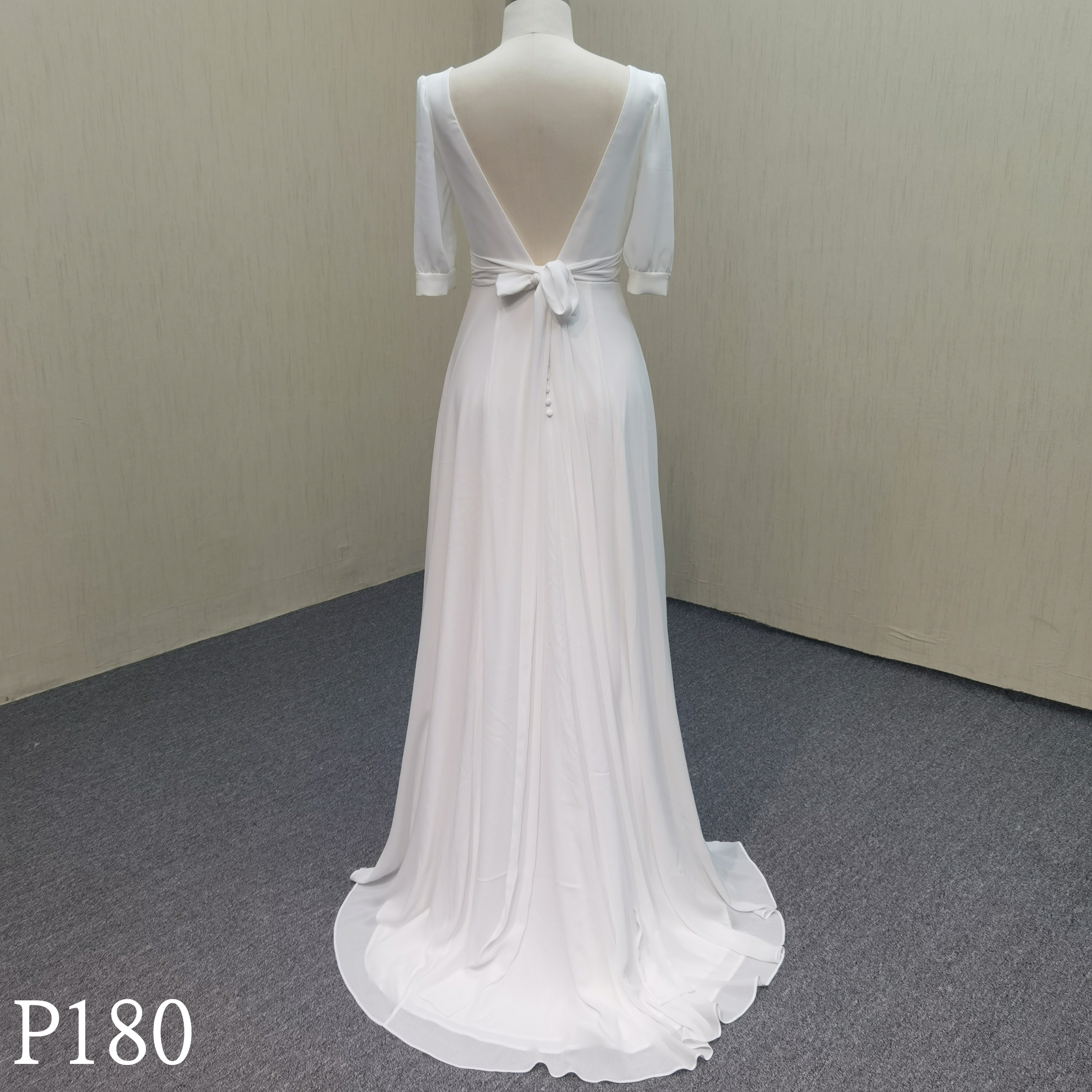 P180 A-line V-neck open back wedding dress with front slit