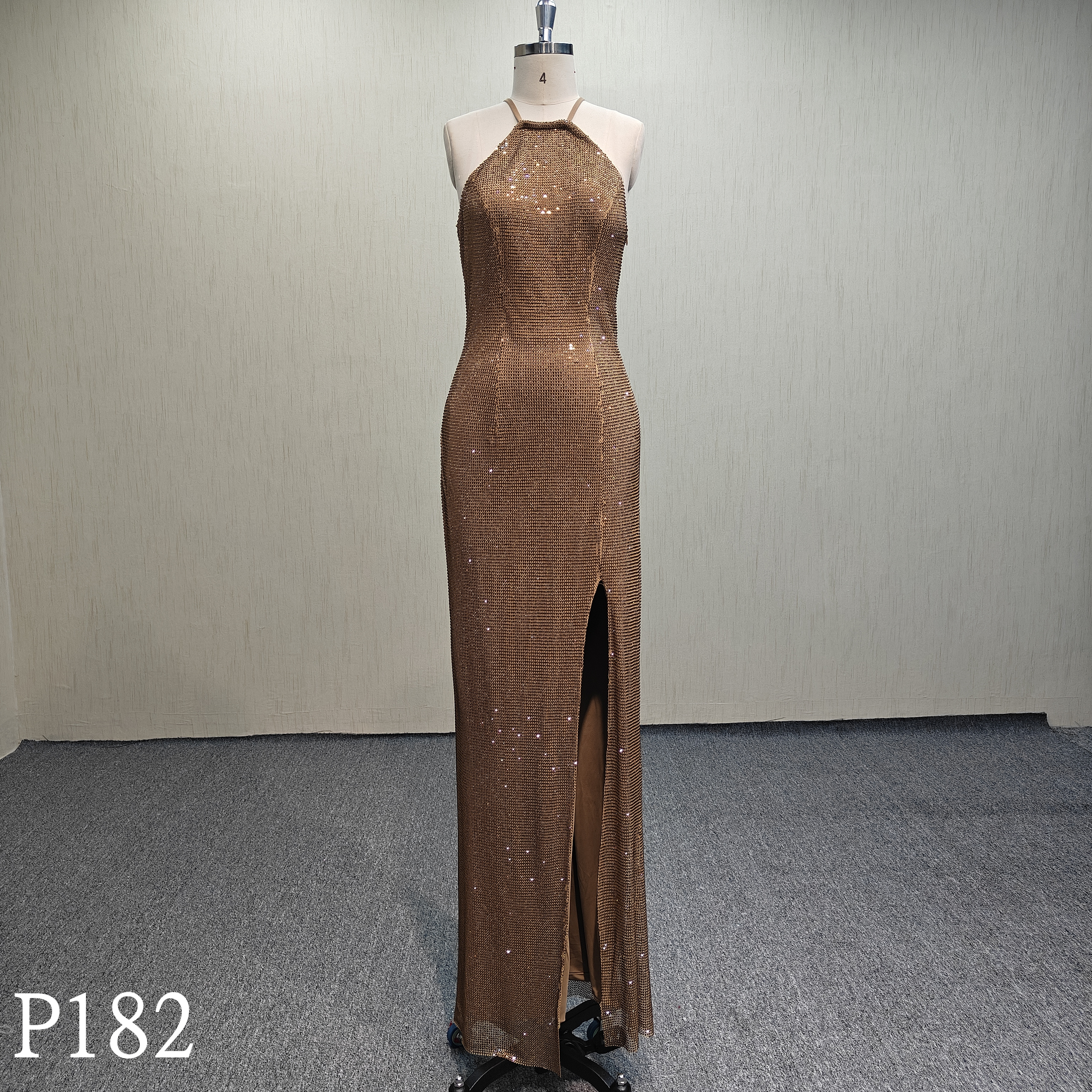 P182 Halter sleeveless slit evening dress