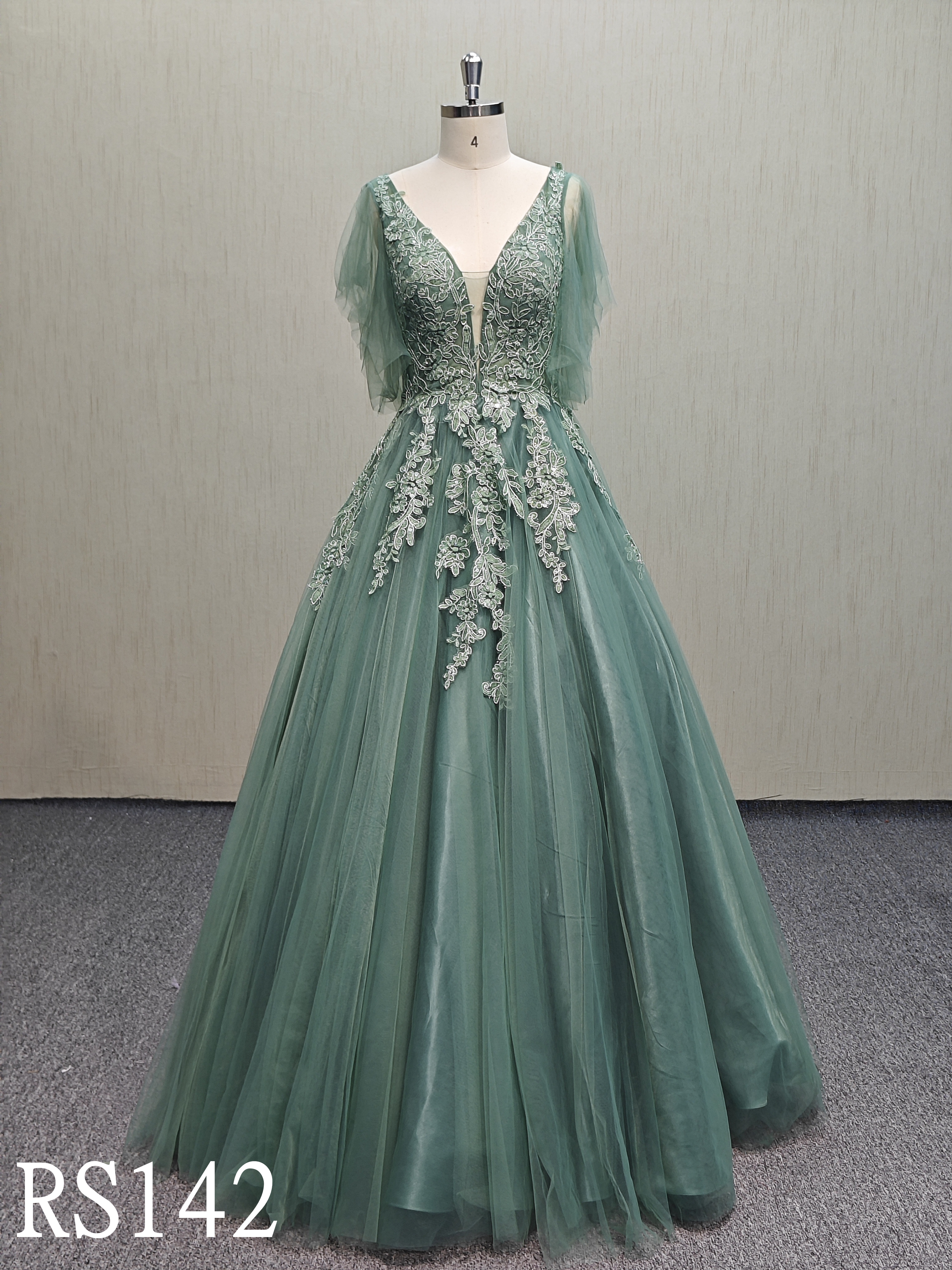 RS142 Deep V-neck elegant green A-line dress