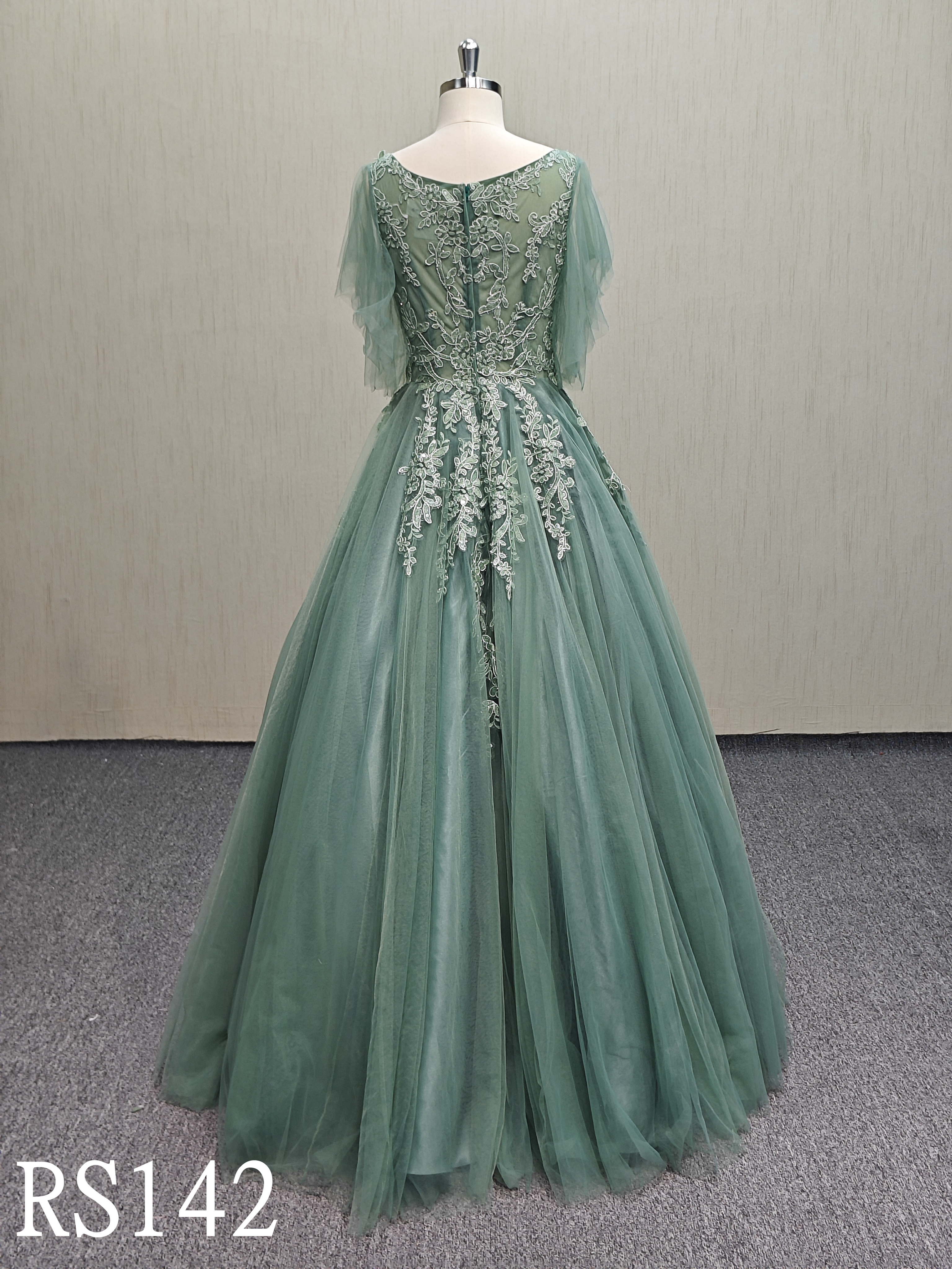 RS142 Deep V-neck elegant green A-line dress