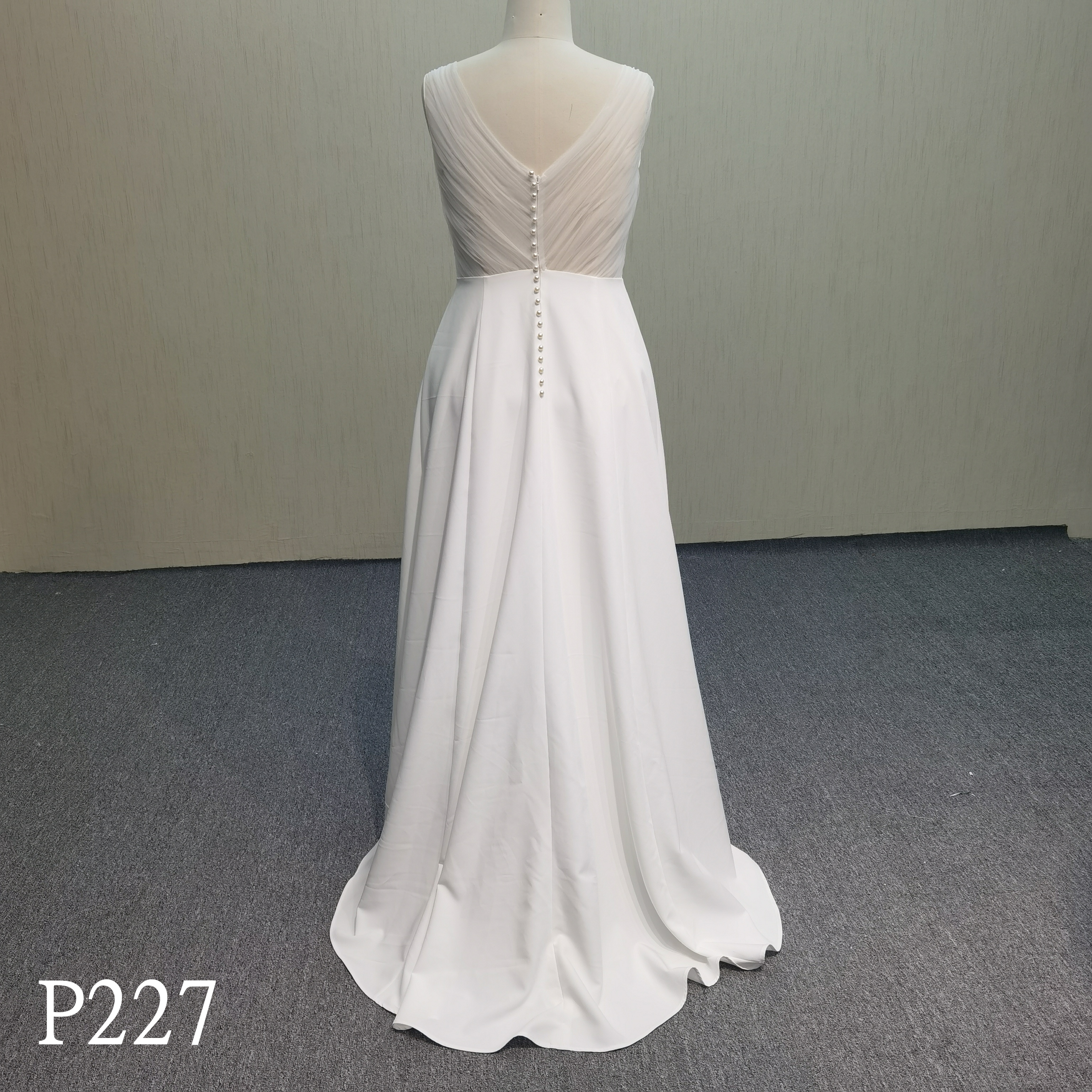 P227 Simple Deep V-Neck Pleated Open Back Wedding Dress