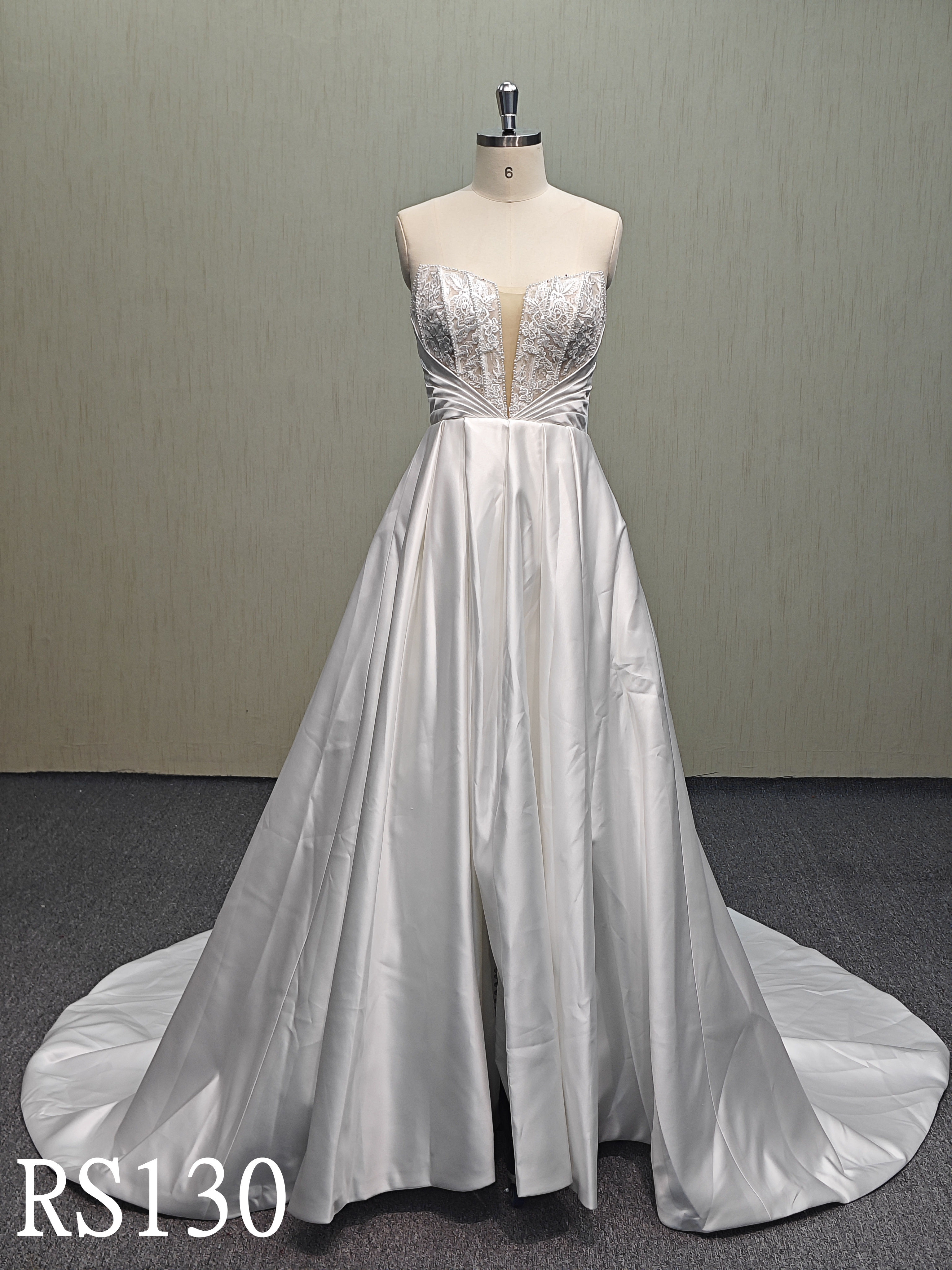 RS130 Sleeveless Satin Wedding Dress with Deep V Neck
