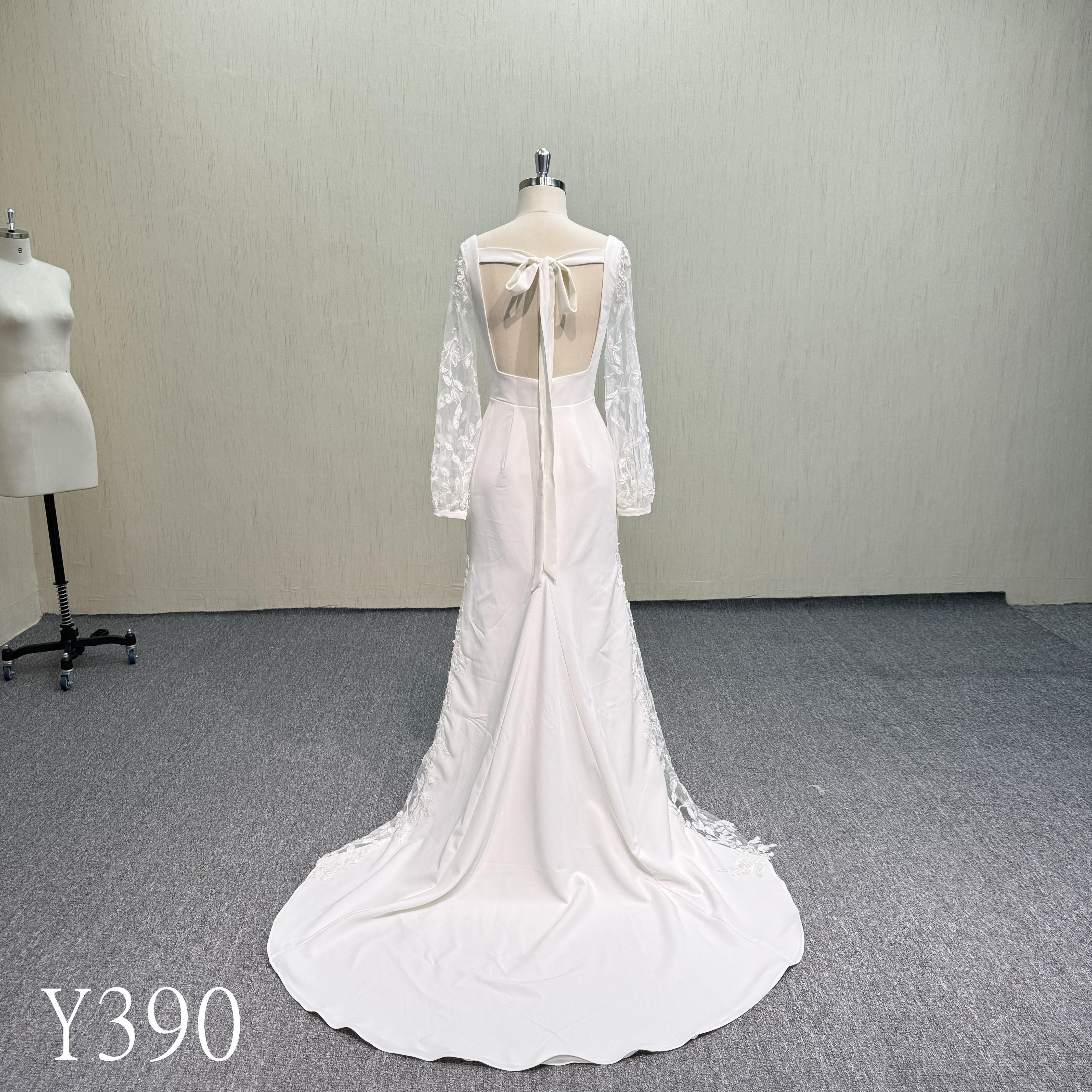 Y390 Square Neck Long Sleeve Open Back Mermaid Wedding Dress