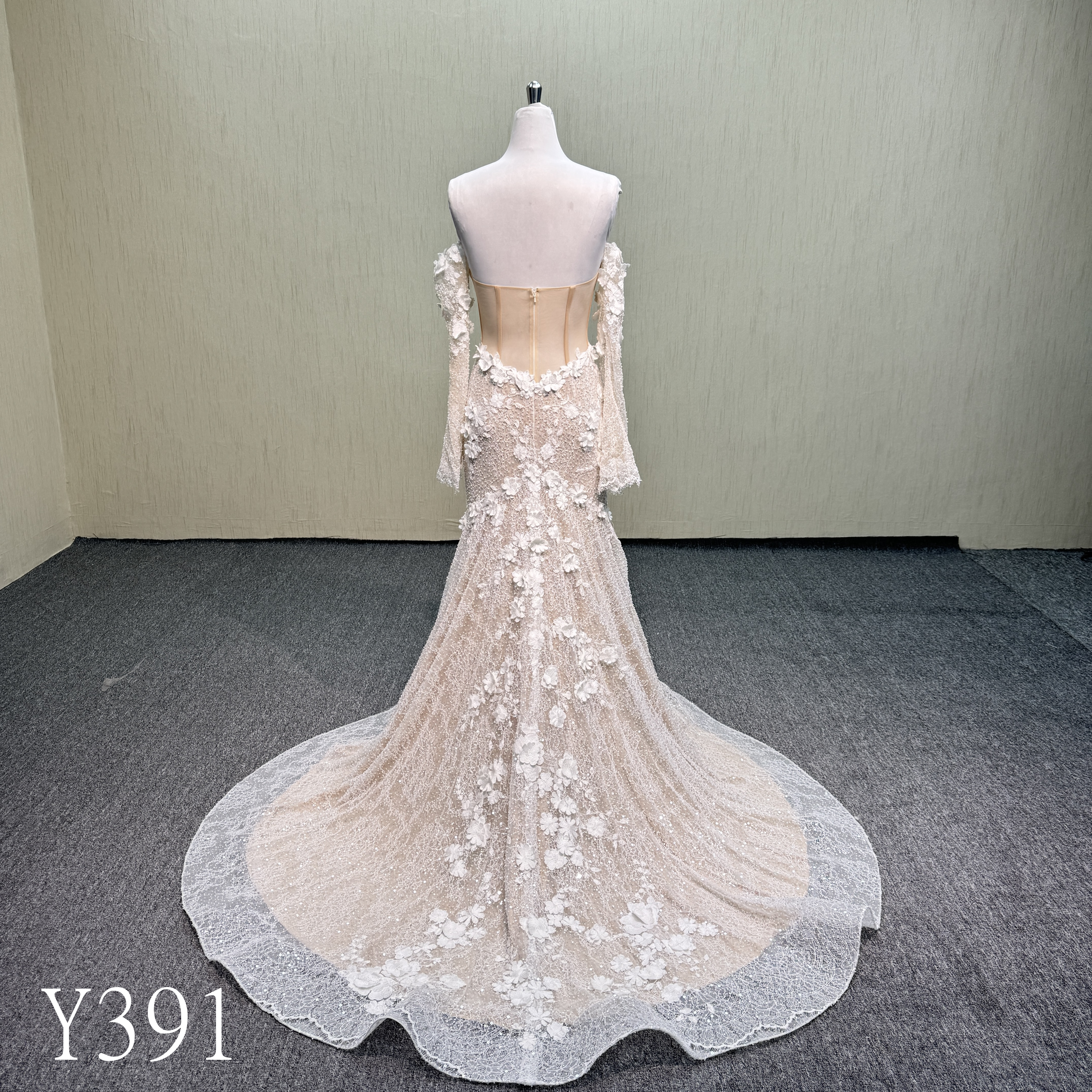 Y391 Long Sleeve Off-The-Shoulder Mermaid Wedding Dress with See-Through Back