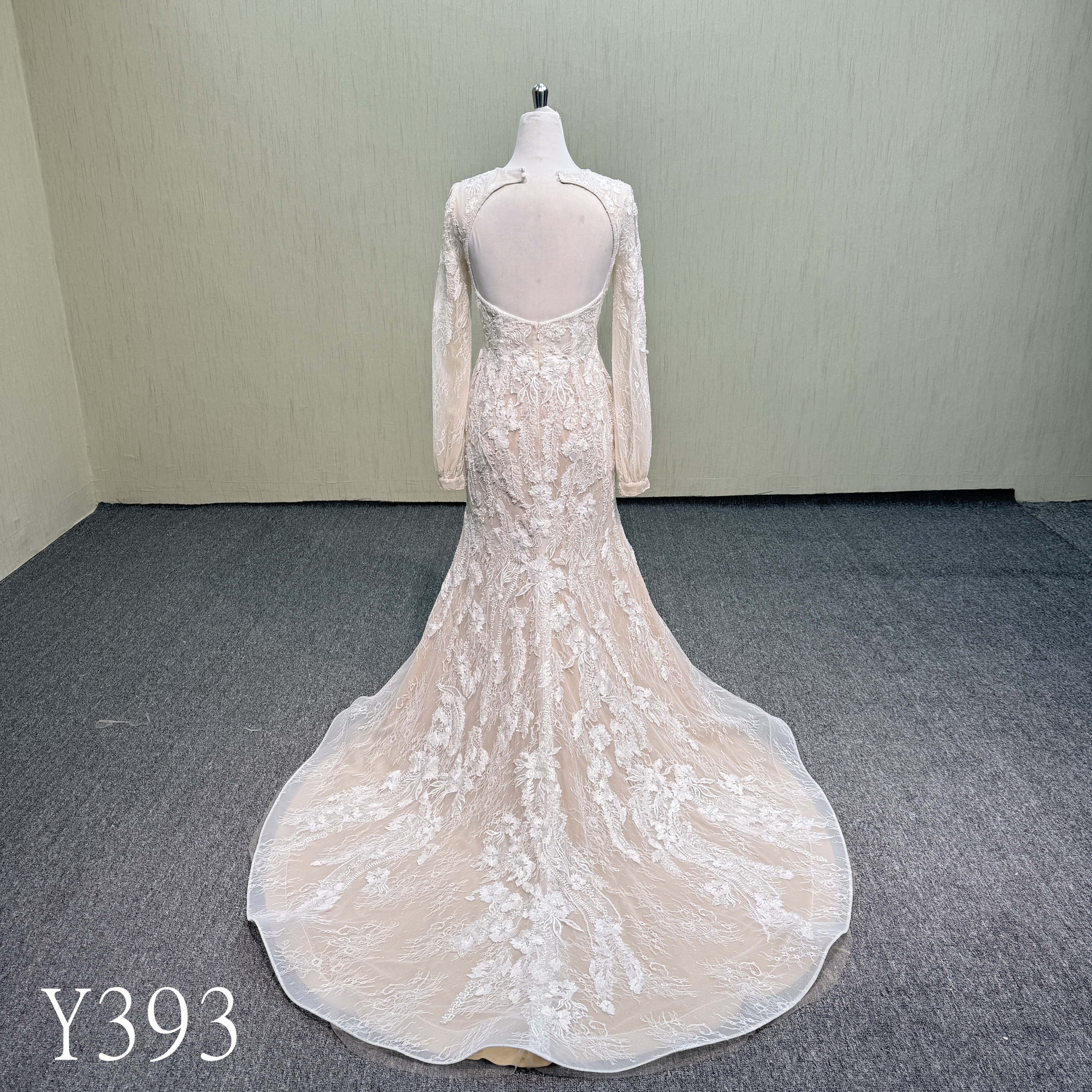 Y393 Long Sleeve V-Neck Beaded Wedding Dress