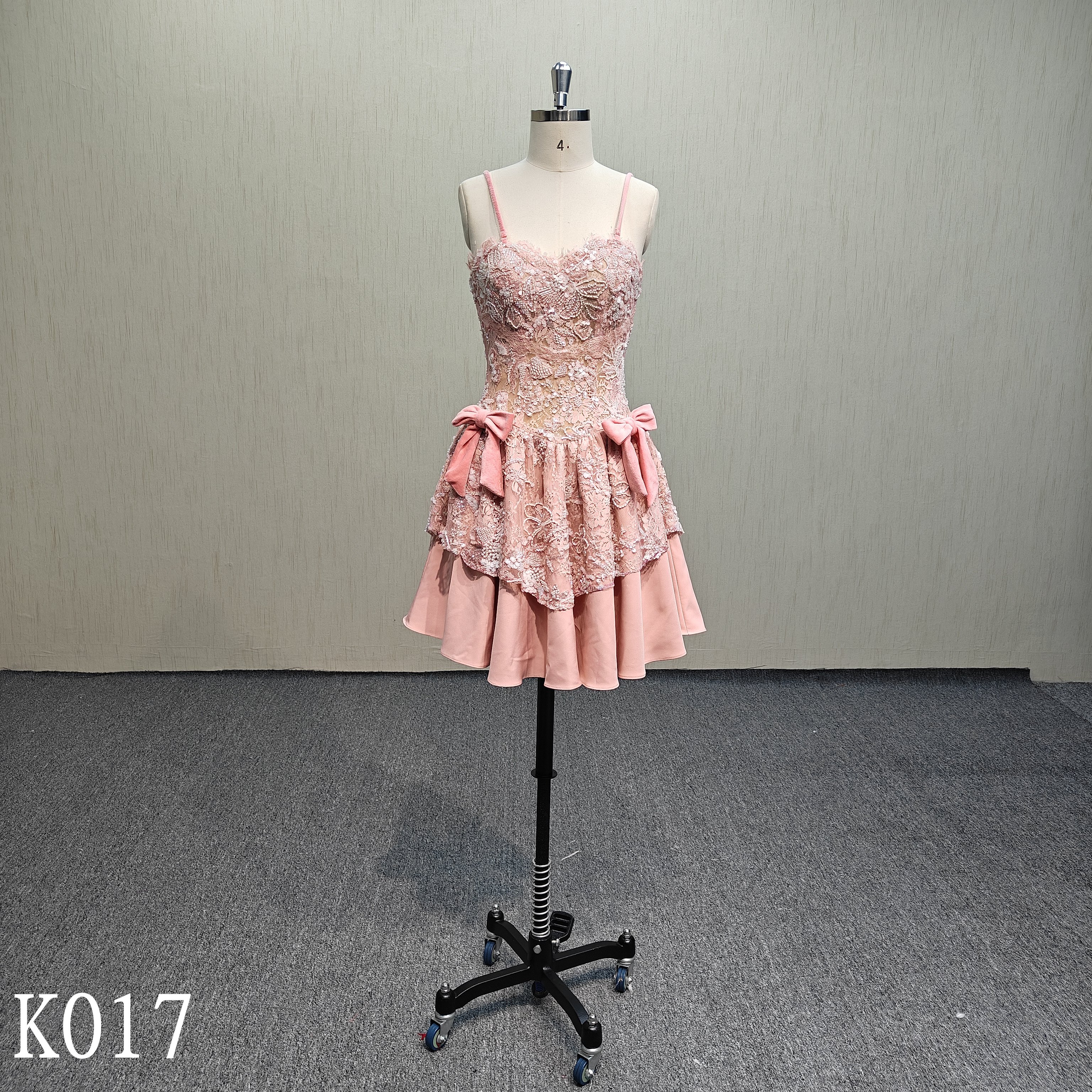 K017 Sweet pink spaghetti straps evening dress with bows