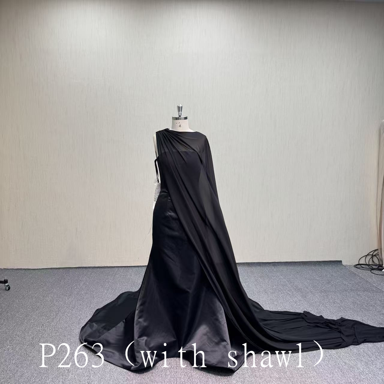 P263 Unique Black Evening Dress with Shawl