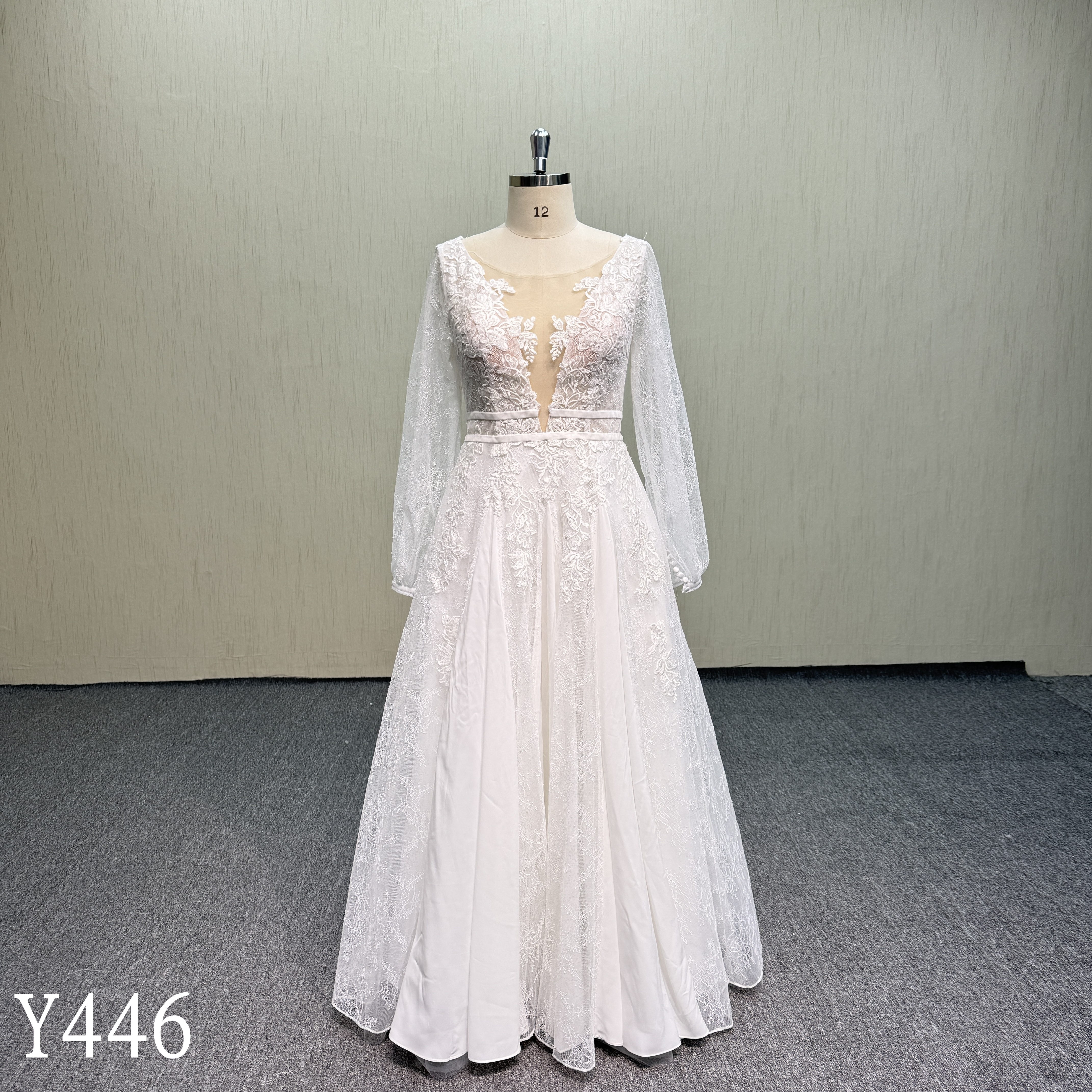 Y446 Lace wedding dress with long sleeves--cutting skirt lace specially