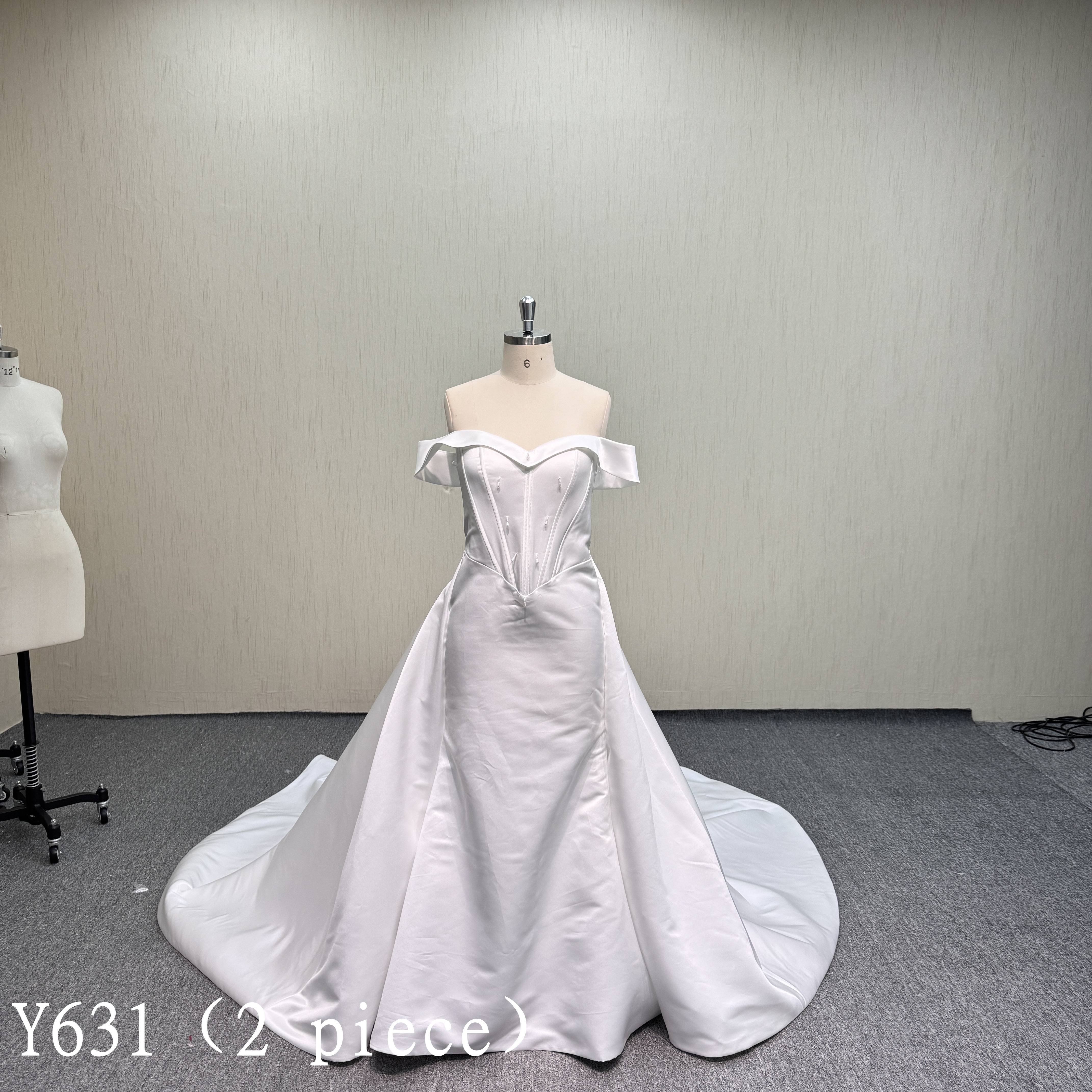 Y631 Two piece satin gowns--beaded on the bodice and a detachable train