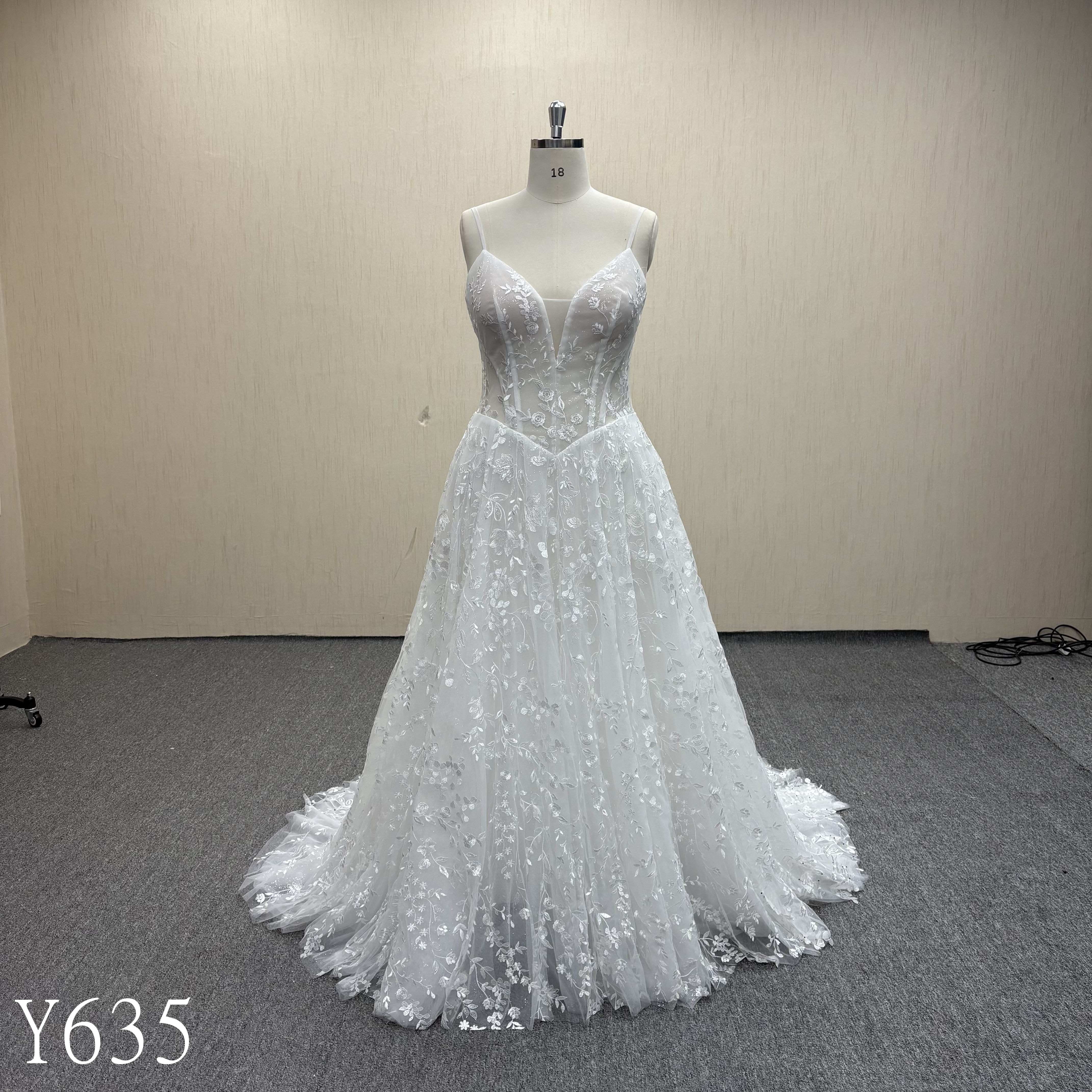 635 Spaghetti Strap Floral Lace A-Line Dress on Glitter Tulle with Open Back