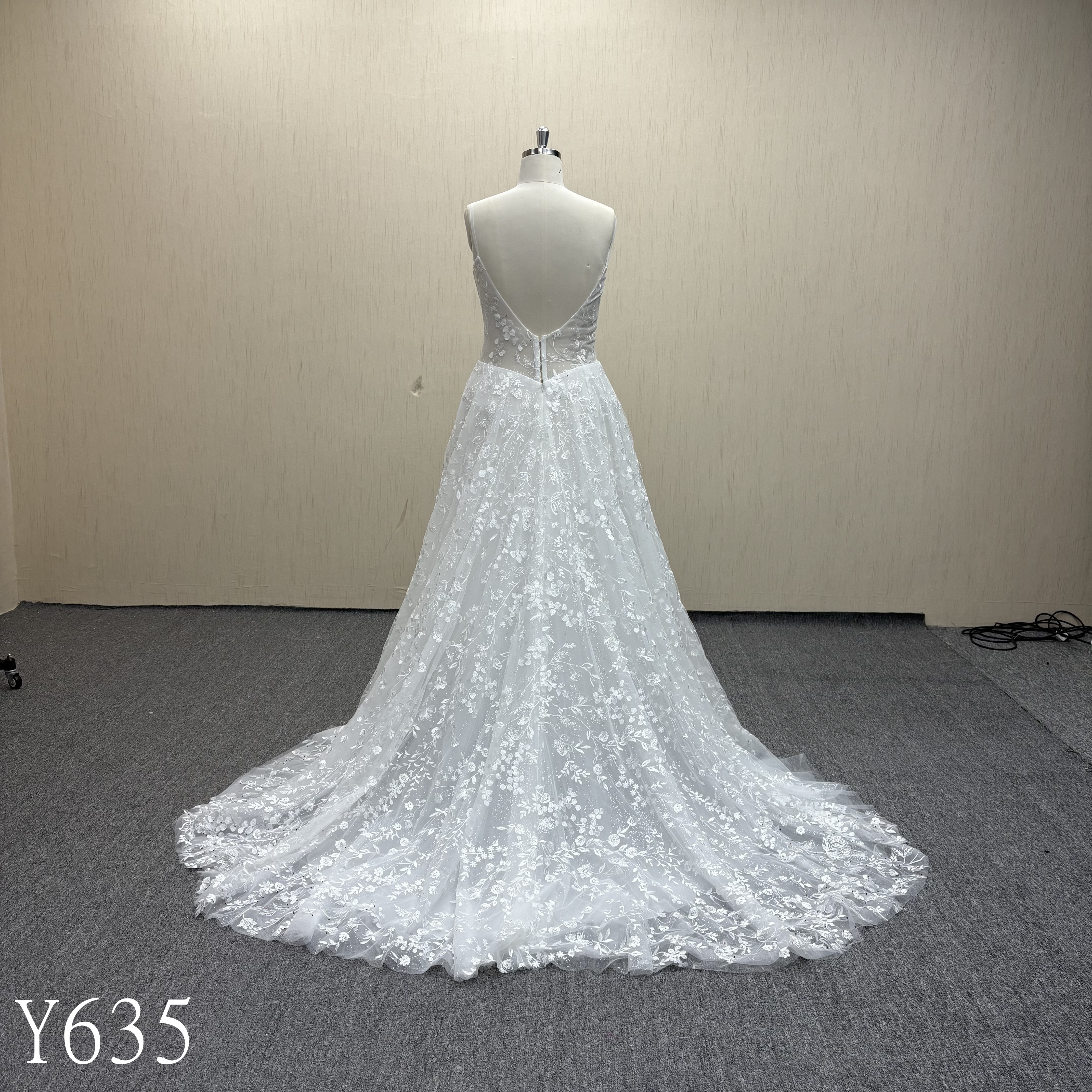 635 Spaghetti Strap Floral Lace A-Line Dress on Glitter Tulle with Open Back