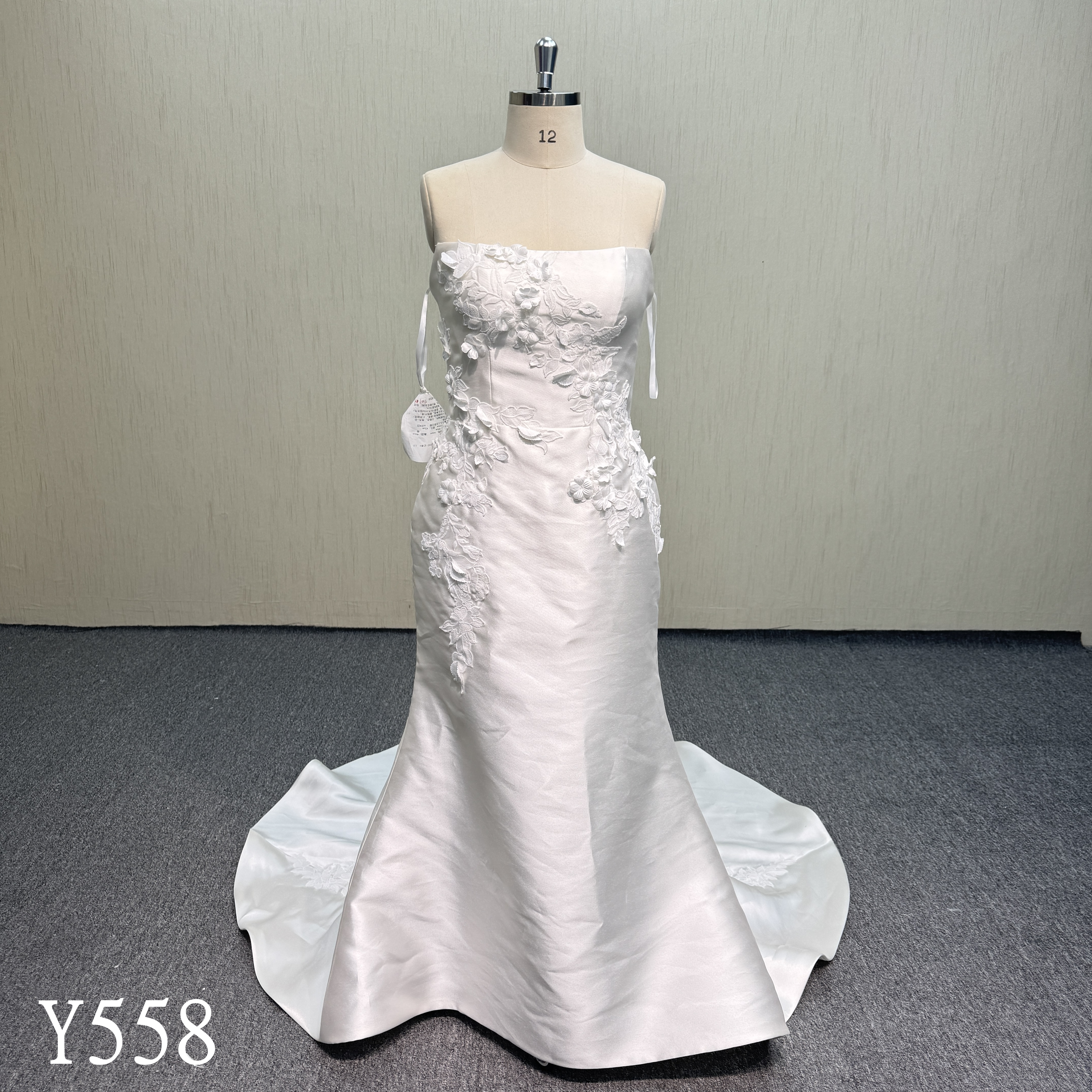 Y558 Strapless Mikado Satin 2-Piece Wedding Dress with 3D Floral Appliqués
