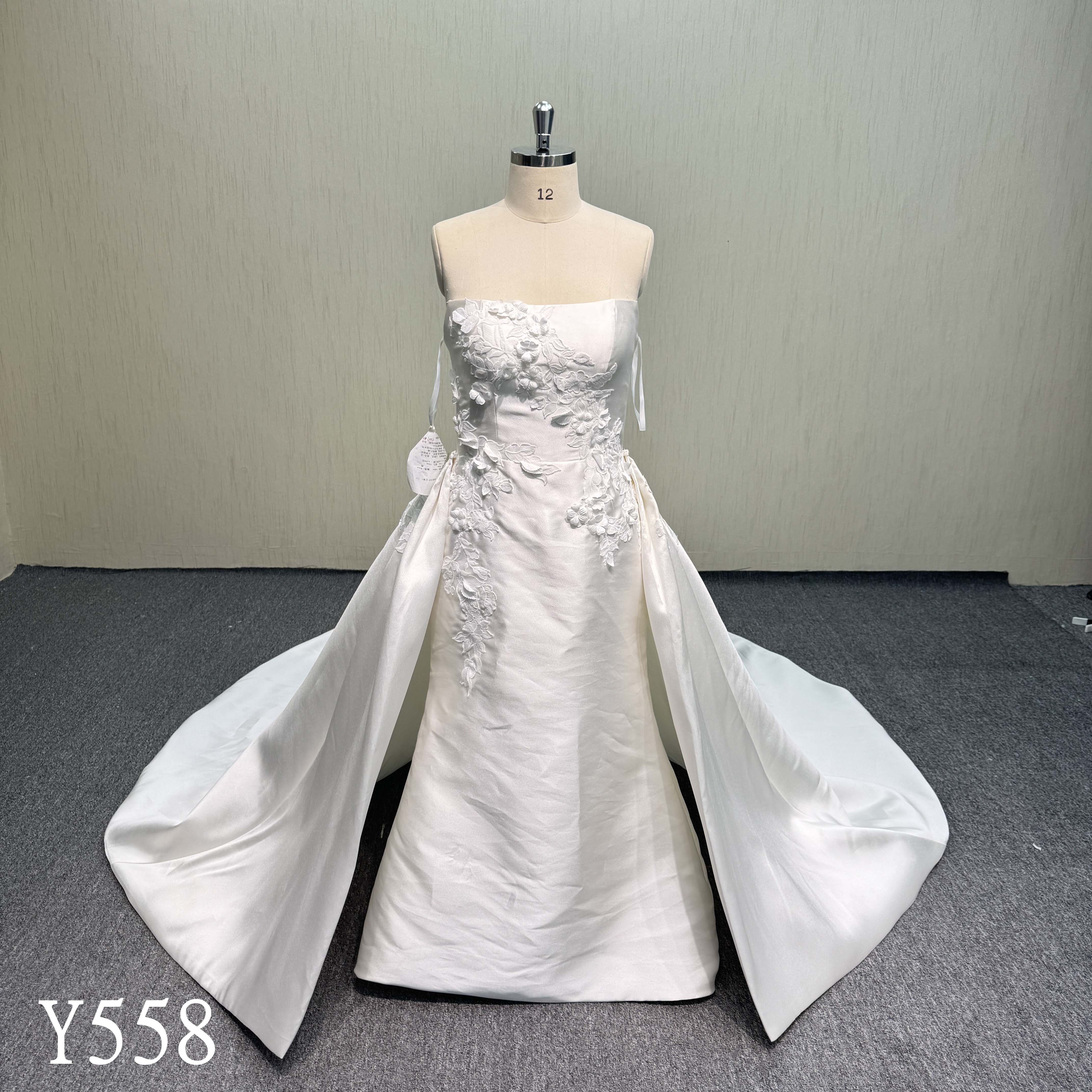Y558 Strapless Mikado Satin 2-Piece Wedding Dress with 3D Floral Appliqués