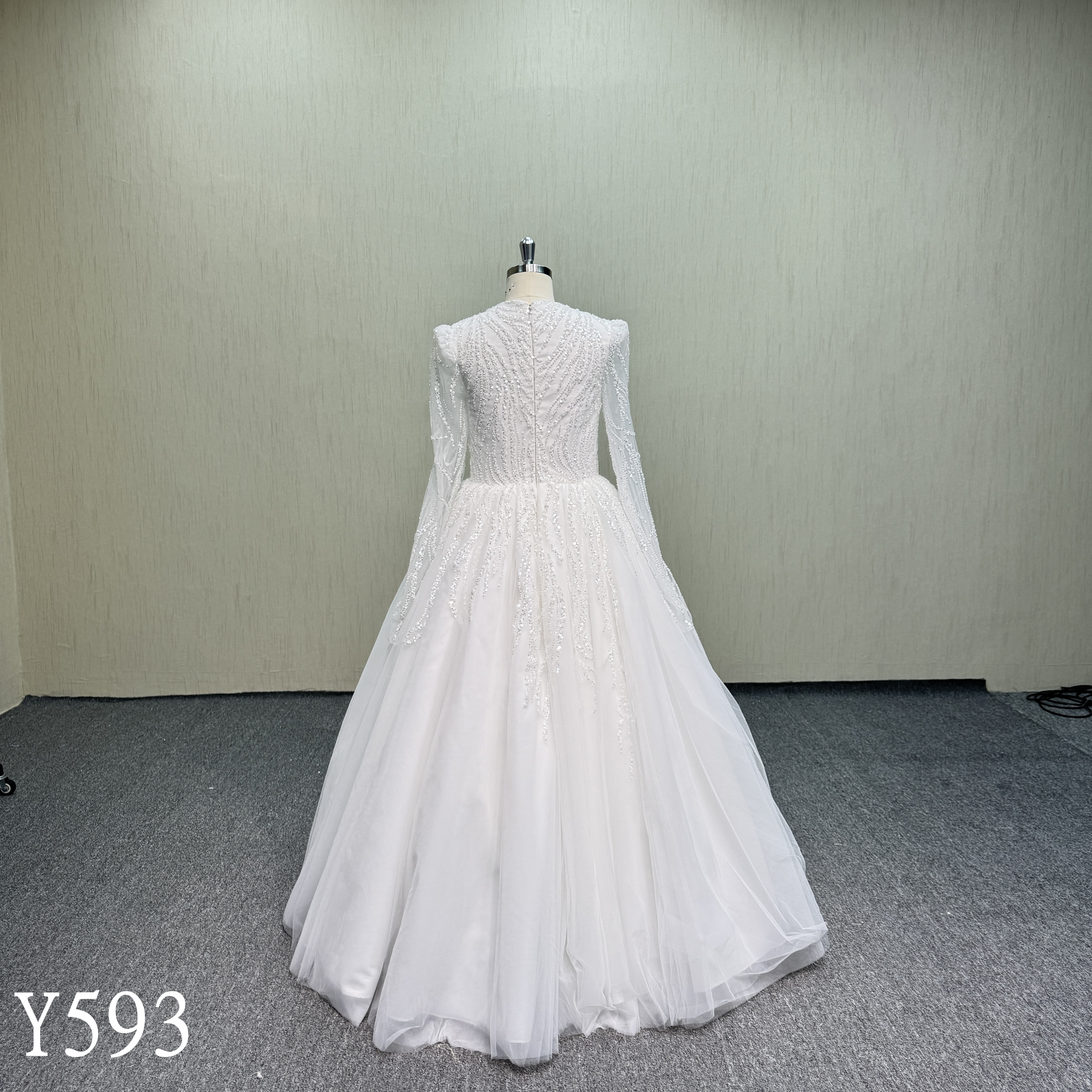 Y593 Modest High Neck Long Sleeve Beaded Lace A-Line Wedding Gown