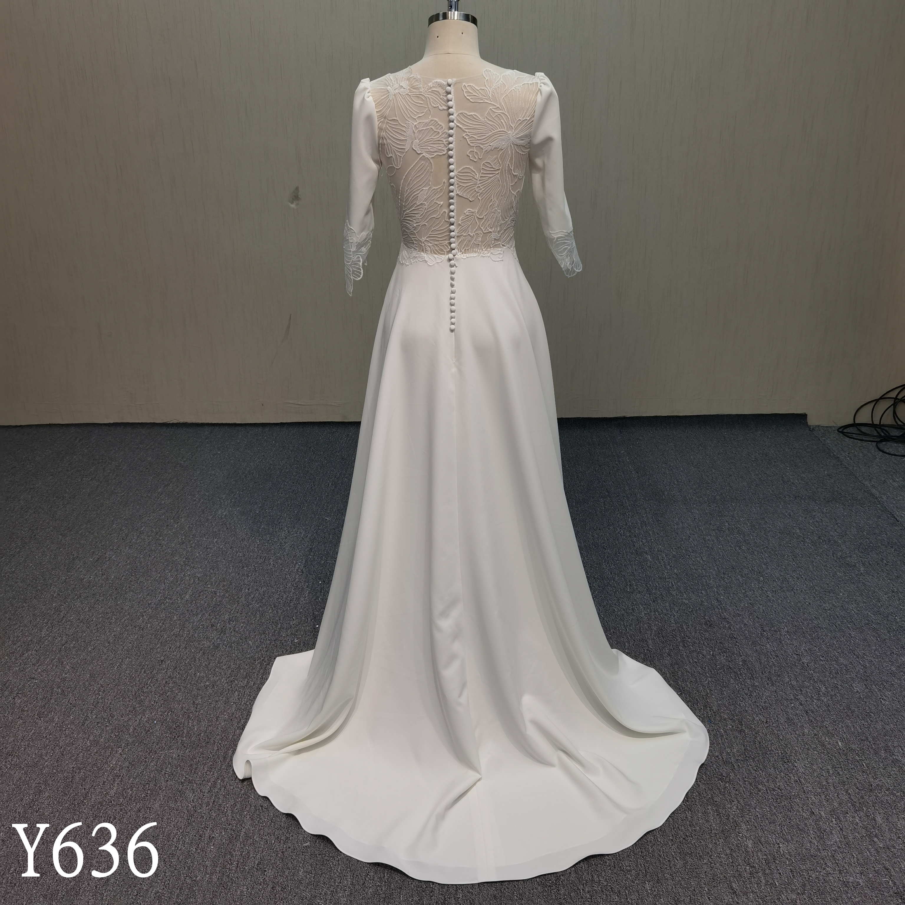 Y636 Elegant Crepe A-Line Wedding Dress with Illusion Lace Waist and Back