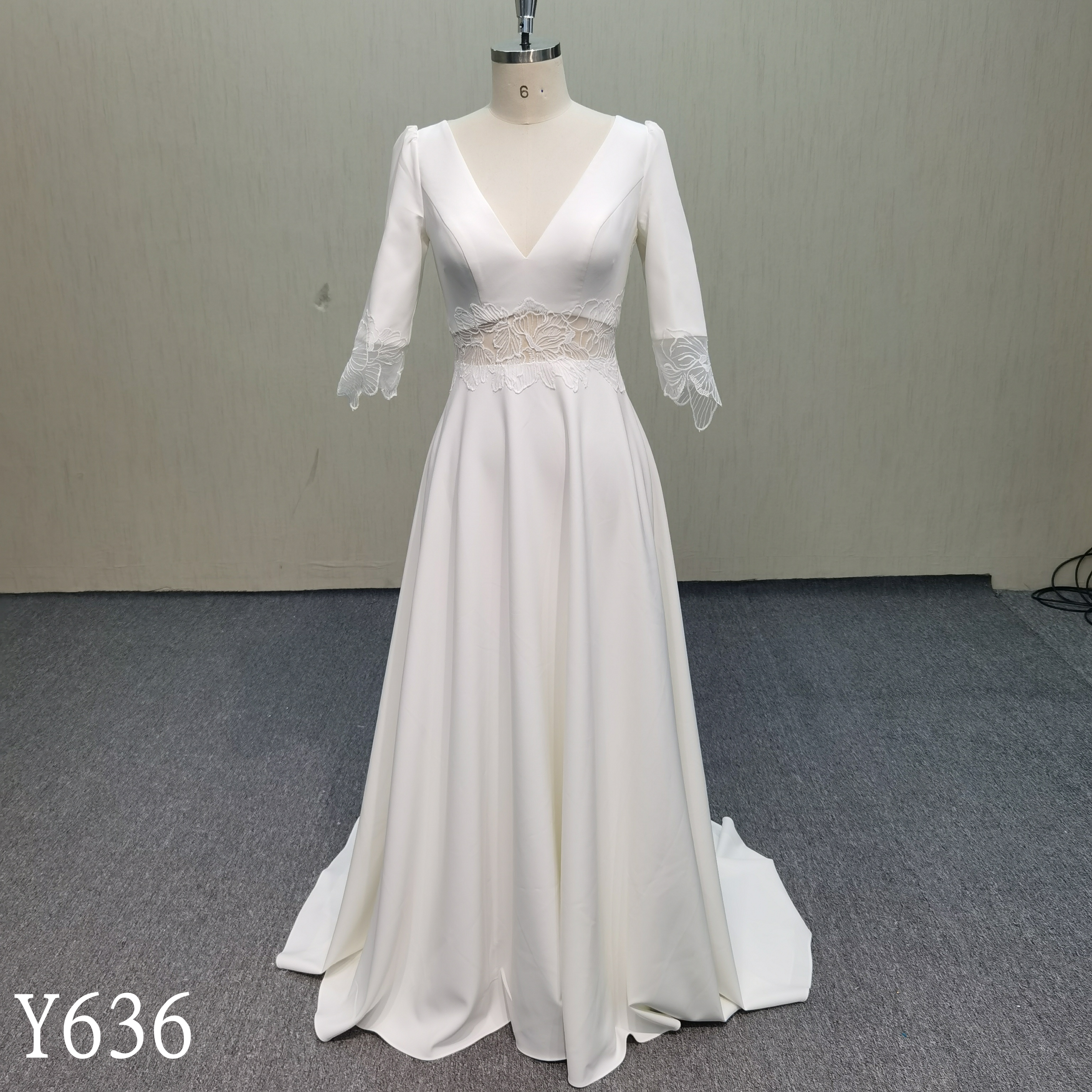 Y636 Elegant Crepe A-Line Wedding Dress with Illusion Lace Waist and Back