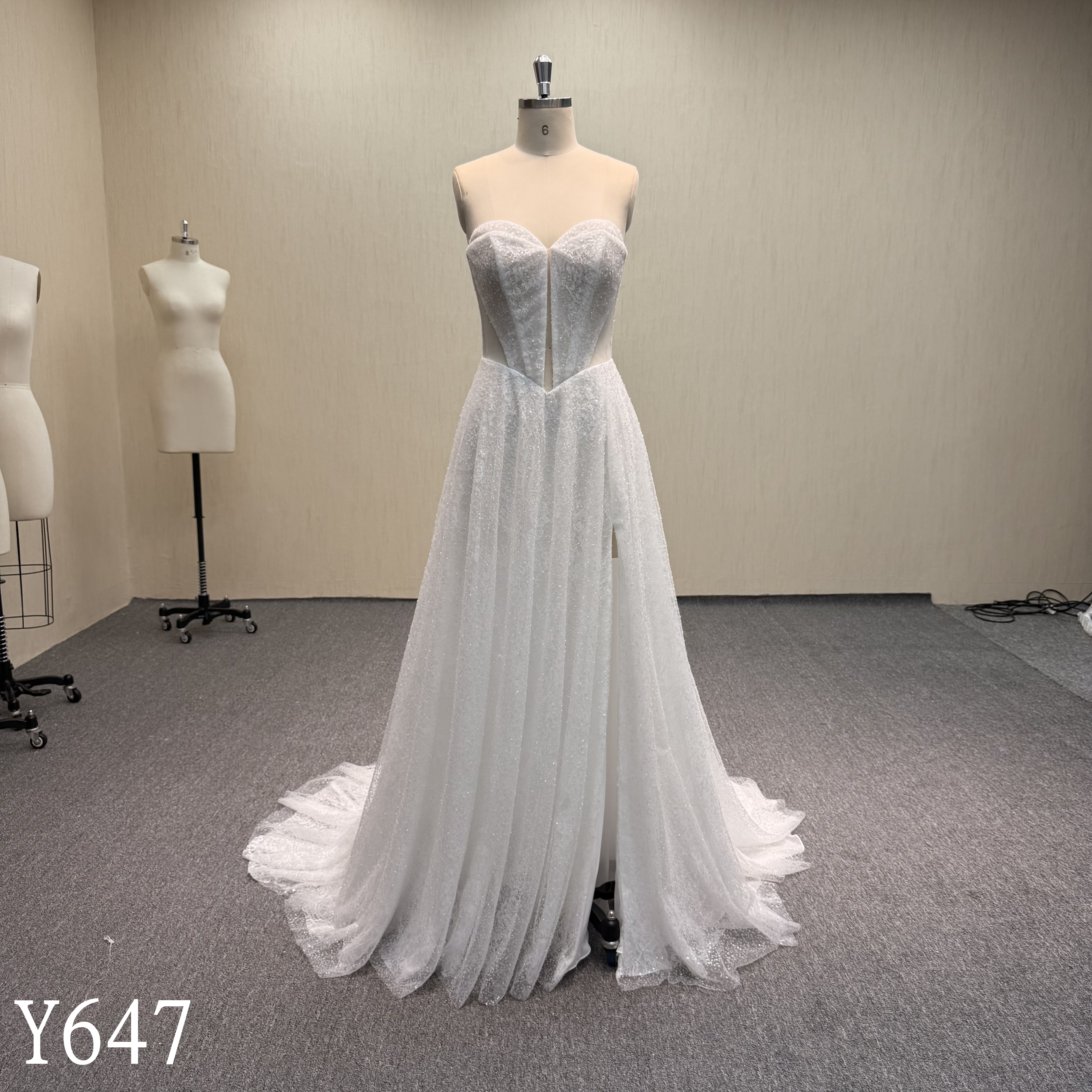 Y647 Sparkling Glitter Tulle Strapless A-Line Wedding Dress with Slit