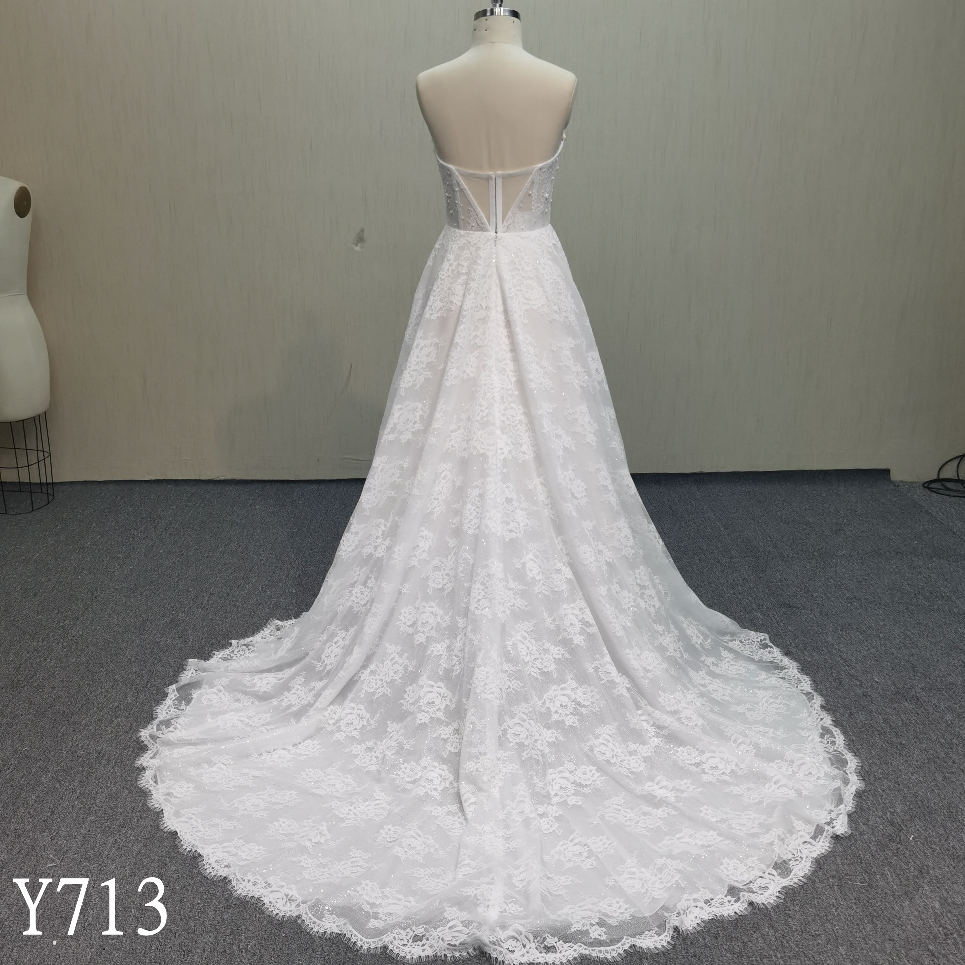 Y713 A-Line French Lace Strapless Bridal Dress with Hand Beading