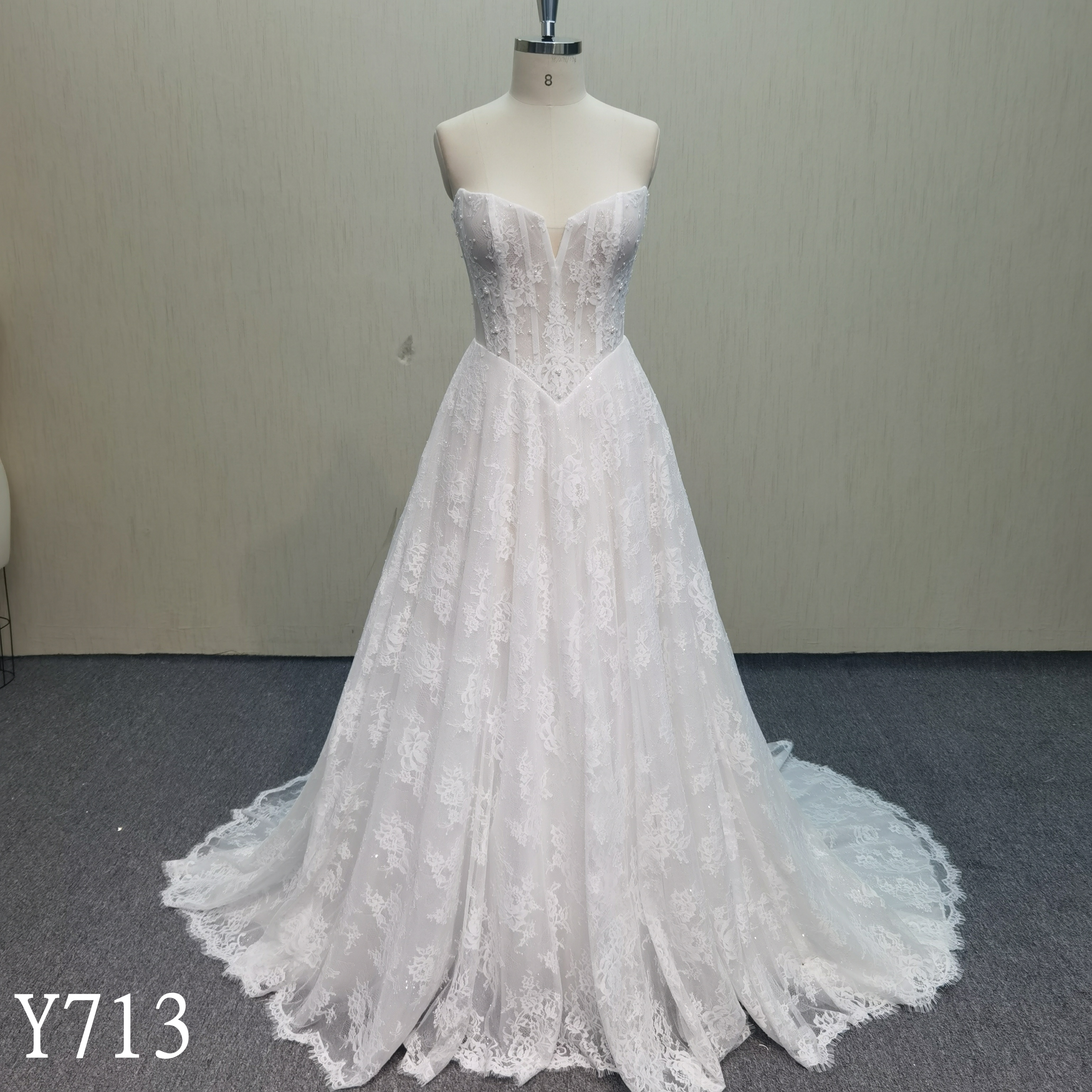 Y713 A-Line French Lace Strapless Bridal Dress with Hand Beading