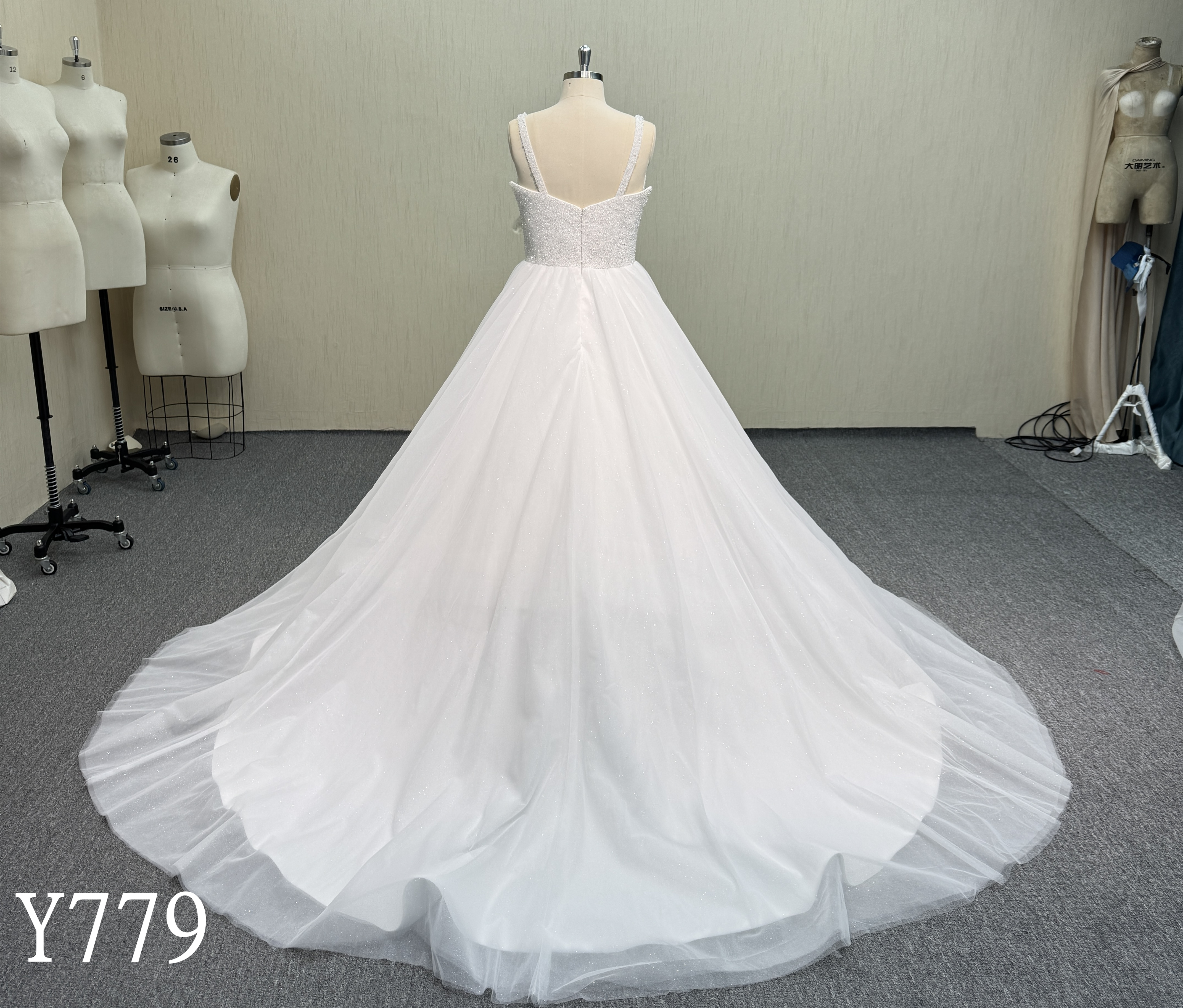 Y779 Sleeveless Heavy Beaded Bodice A-Line Wedding Dress with Tulle Skirt