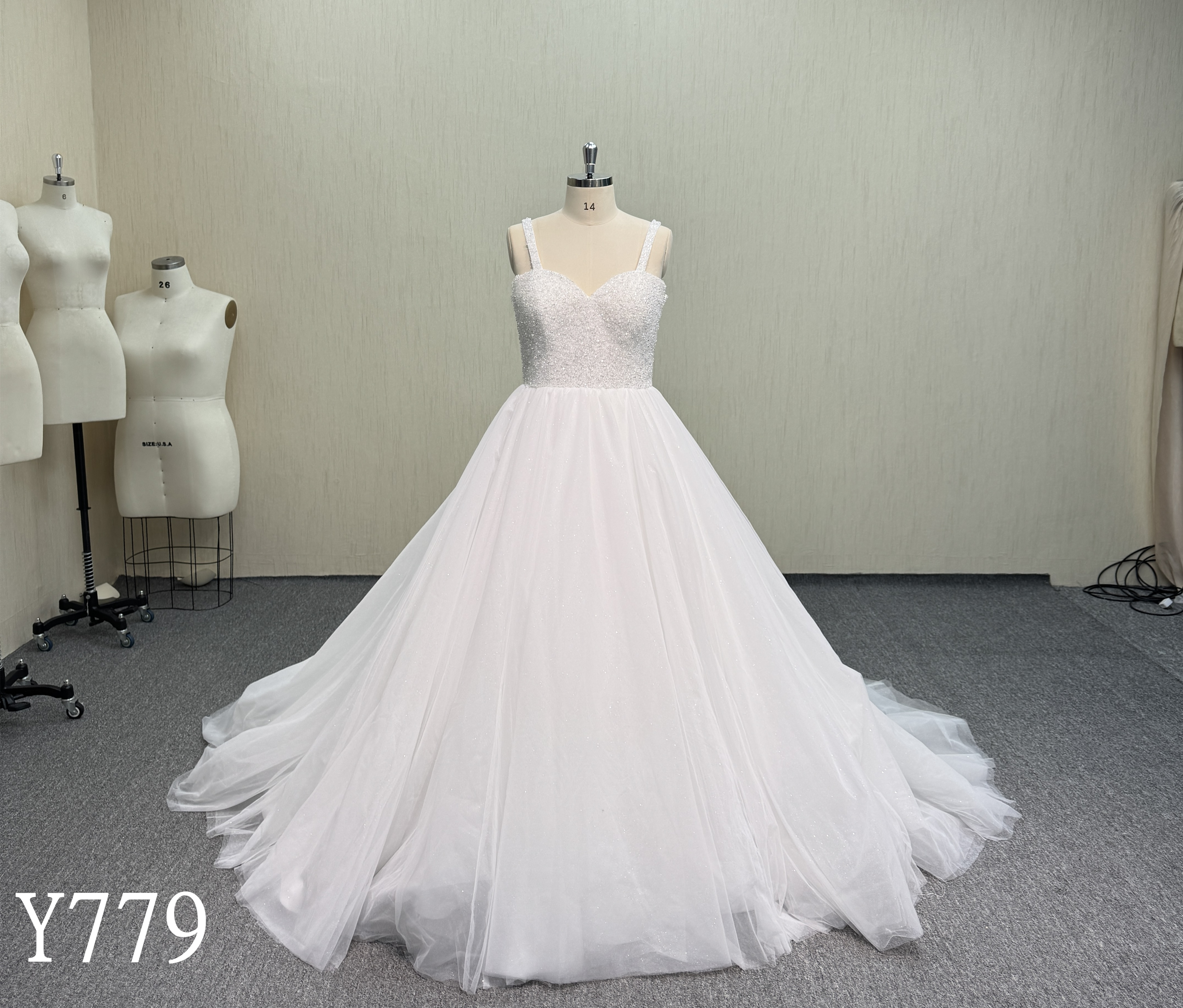 Y779 Sleeveless Heavy Beaded Bodice A-Line Wedding Dress with Tulle Skirt