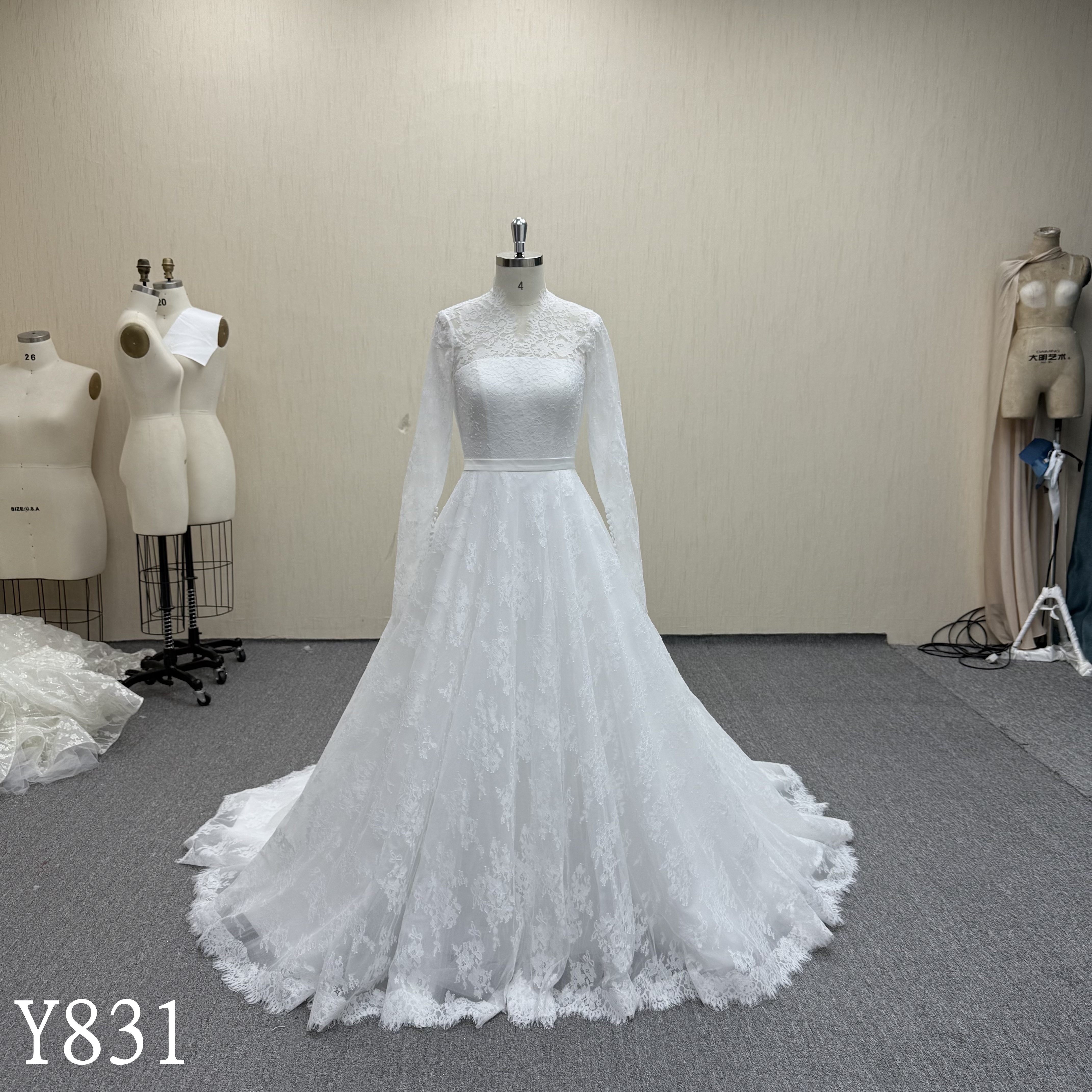 Elegant Long-Sleeve High-Neck Lace Wedding Dress Y831 with Corset Back