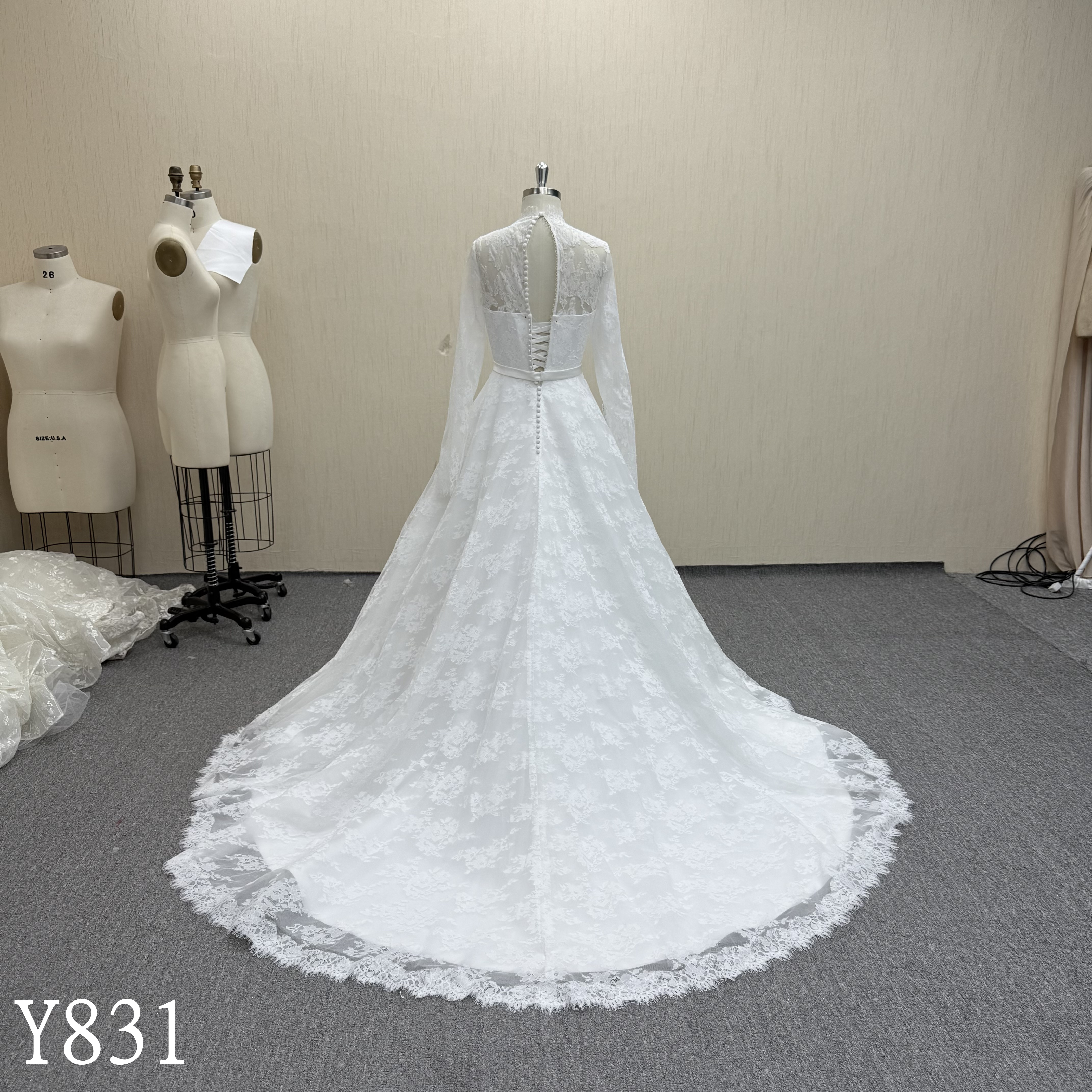 Elegant Long-Sleeve High-Neck Lace Wedding Dress Y831 with Corset Back