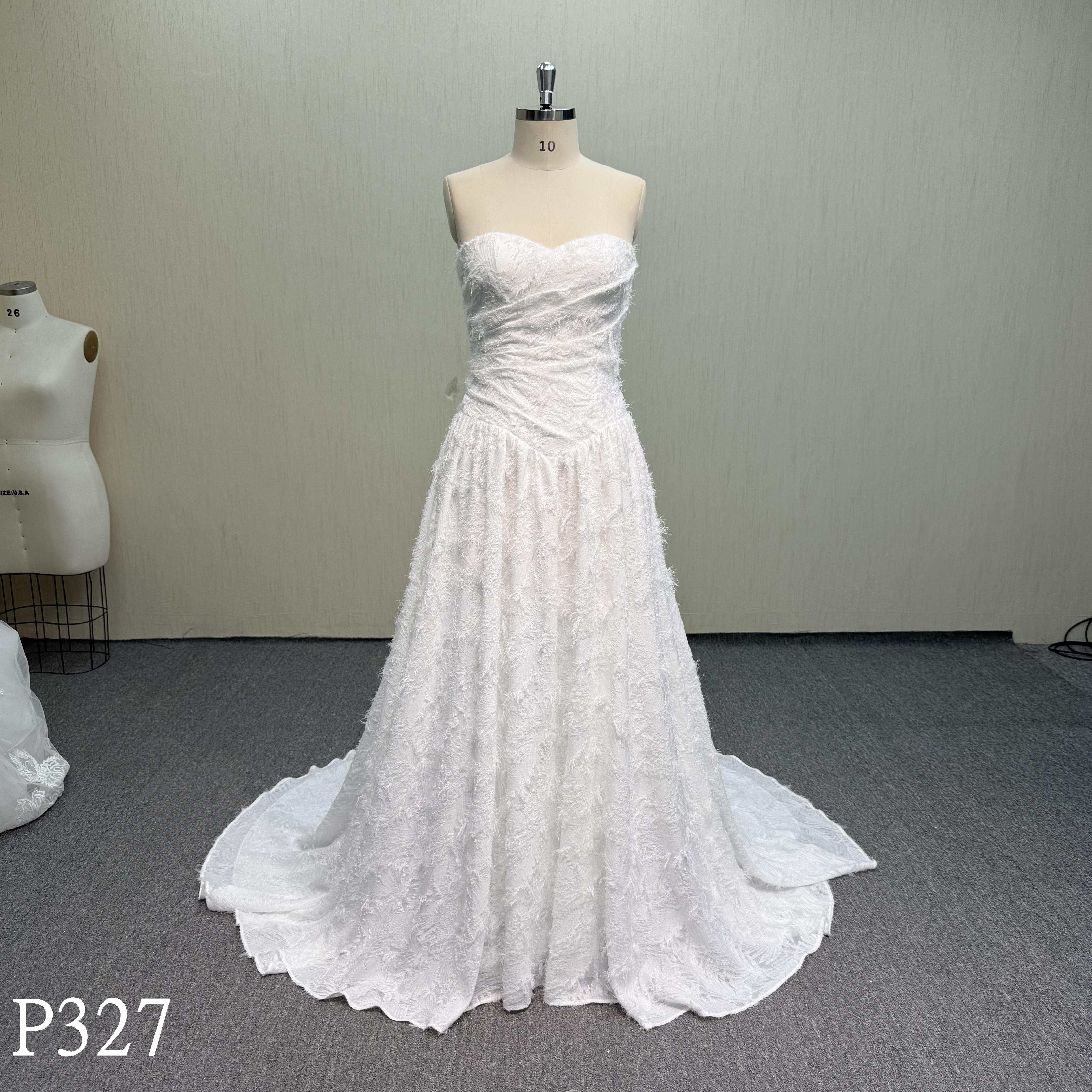 P327 Textured Jacquard Strapless A-Line Dress with Ruched Bodice and Drop Waist