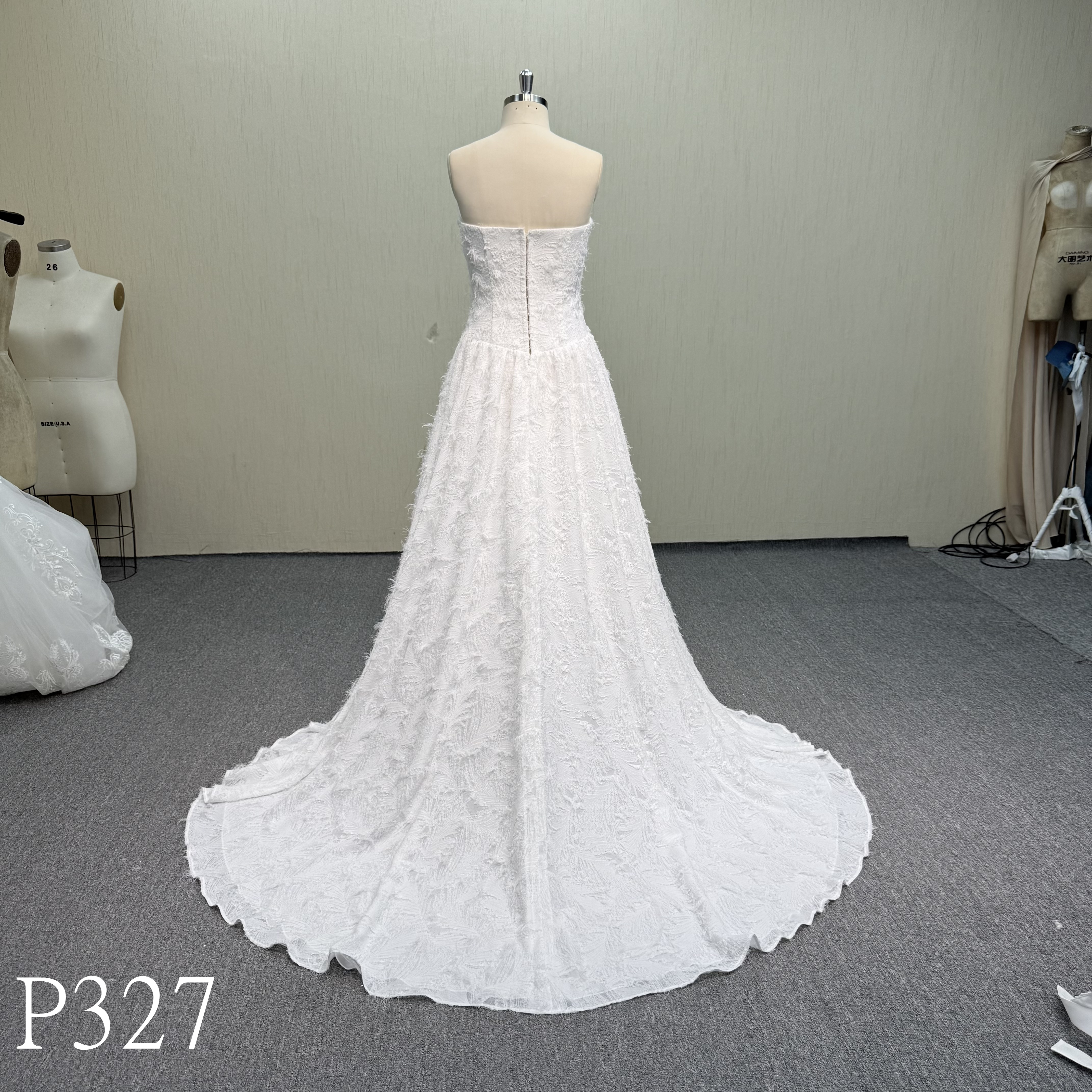P327 Textured Jacquard Strapless A-Line Dress with Ruched Bodice and Drop Waist