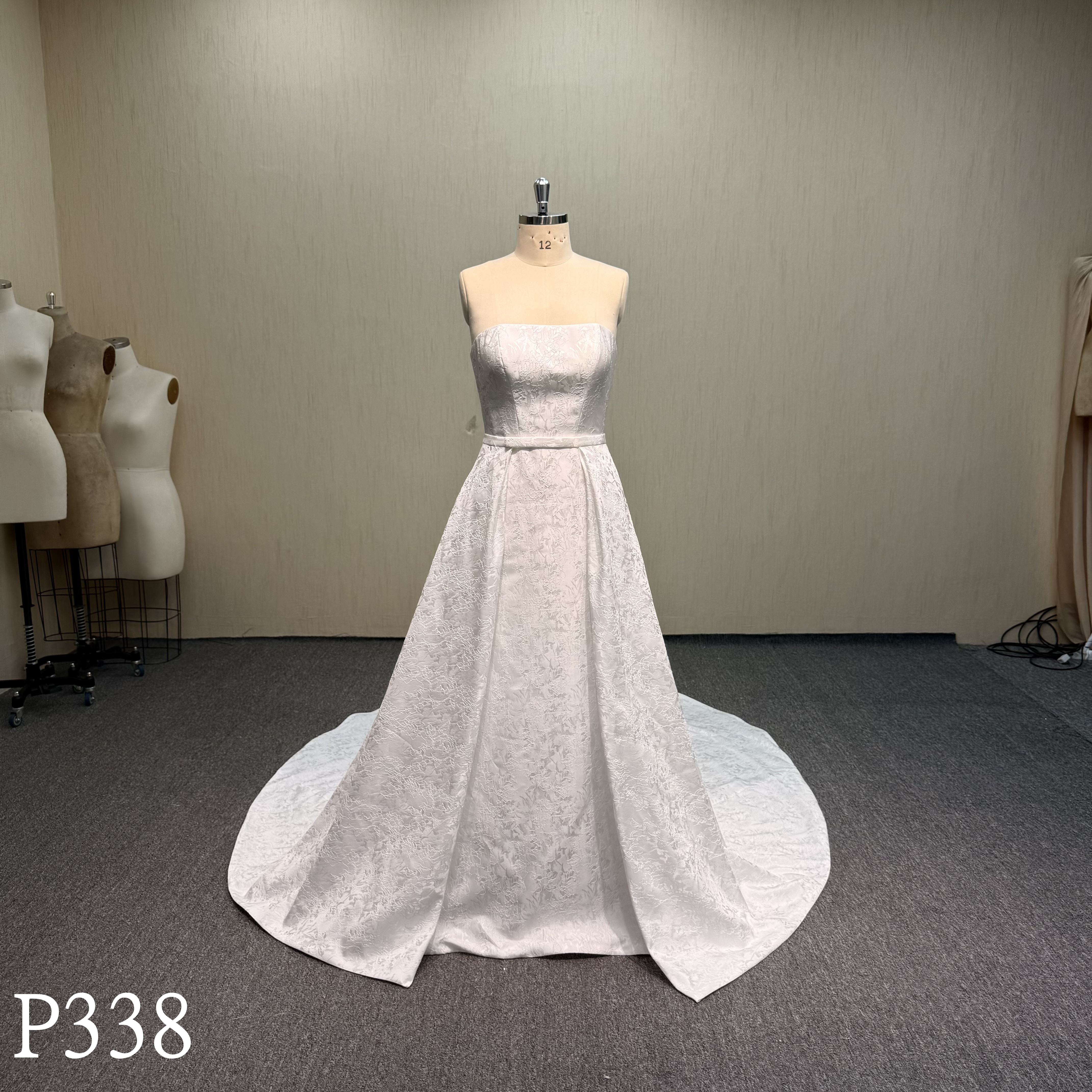 P338 Minimalist Jacquard Strapless A-Line Wedding Dress with Sash Belt